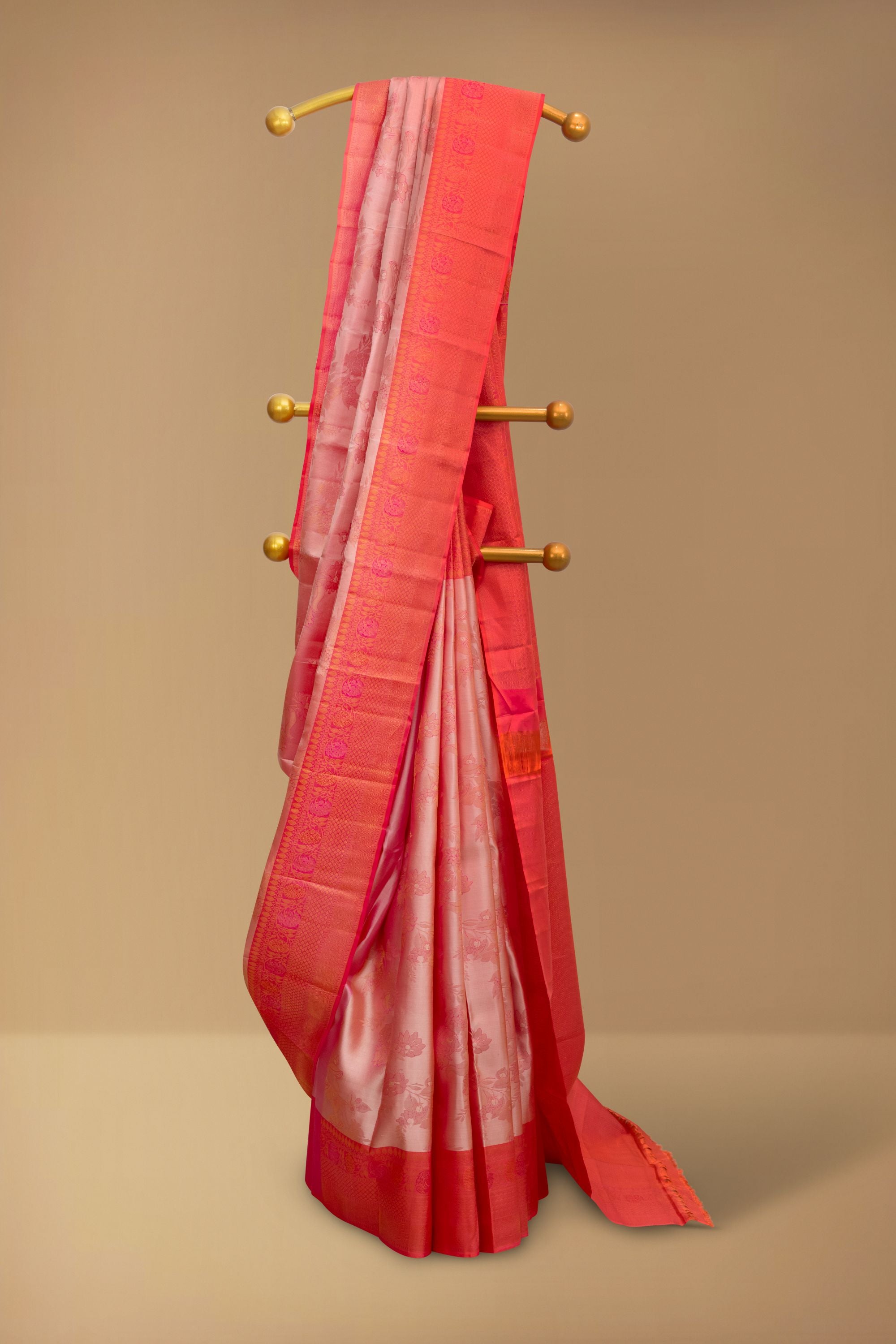 Two-toned Peach Pink Pure Silk Kanjivaram Saree