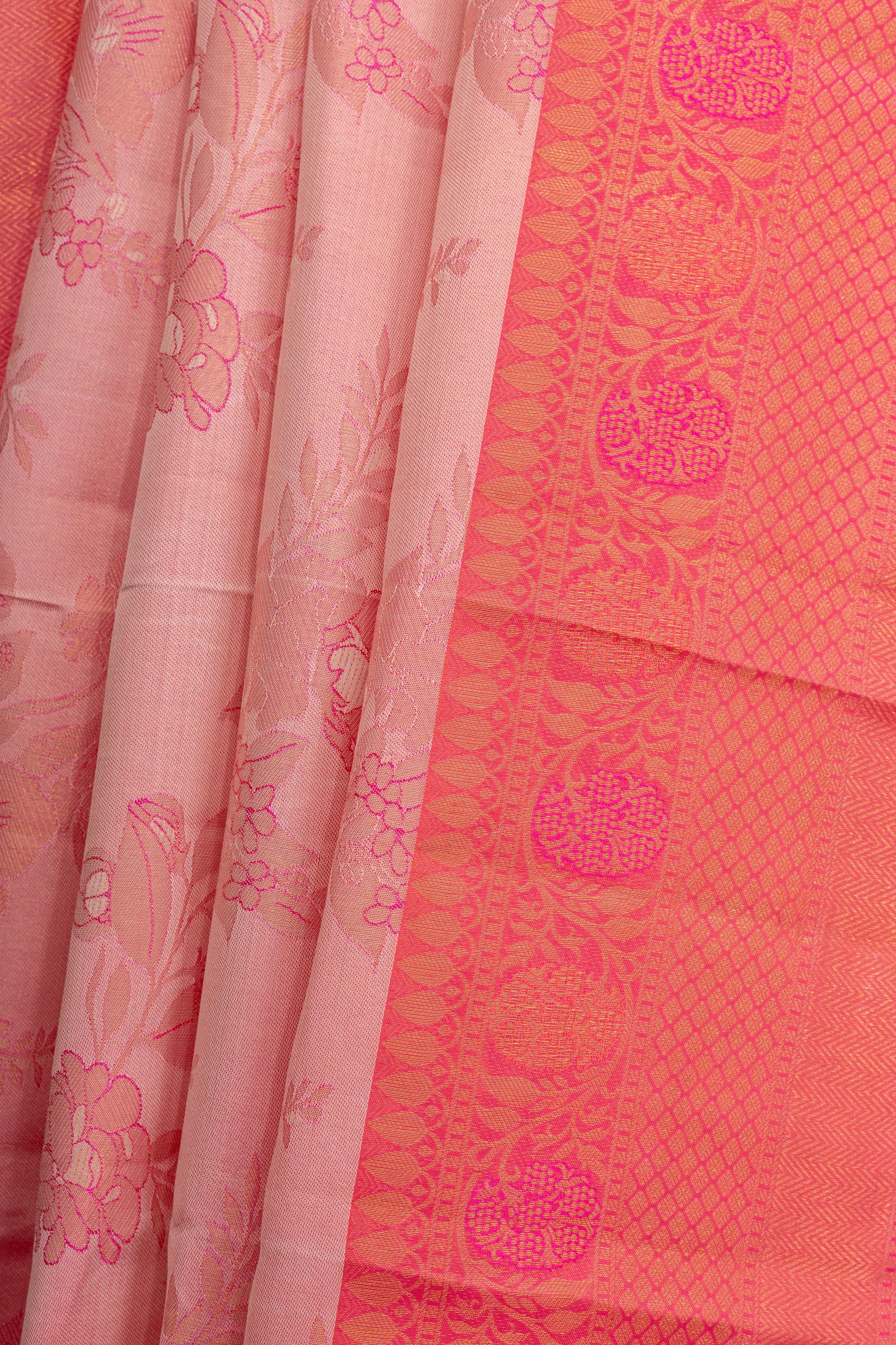 Two-toned Peach Pink Pure Silk Kanjivaram Saree