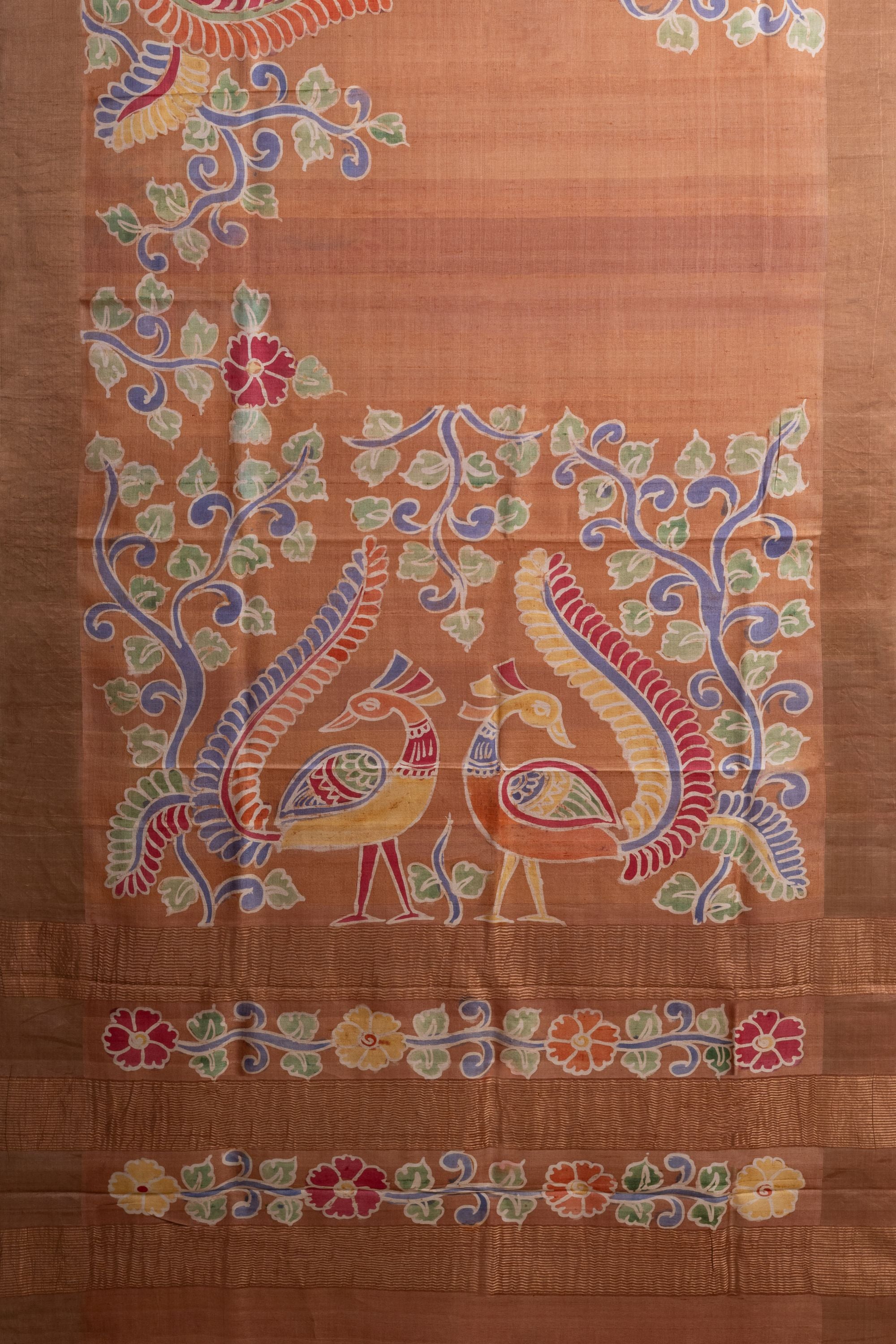 Handpainted Batik Brown Tussar Silk Saree
