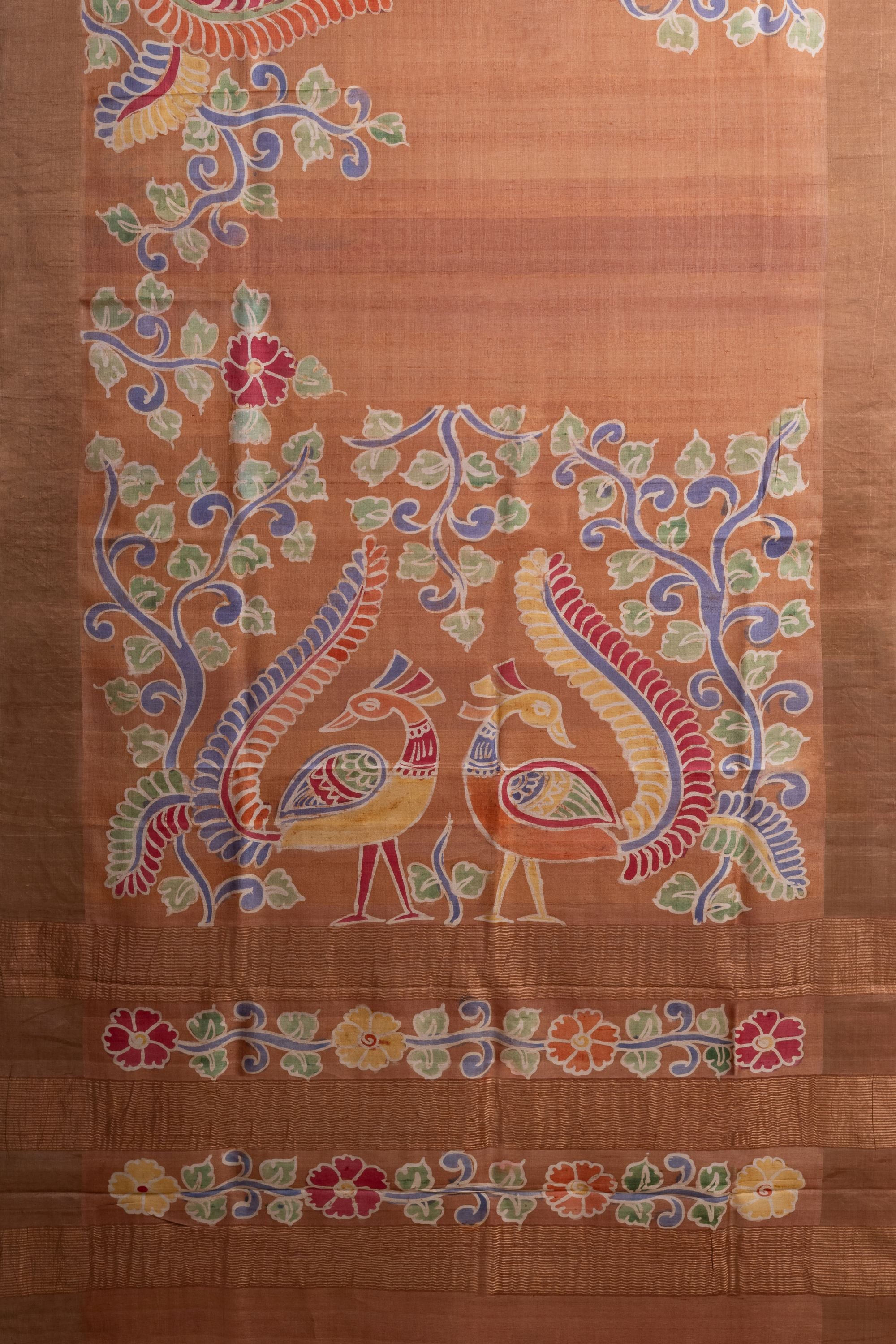 Handpainted Batik Brown Tussar Silk Saree