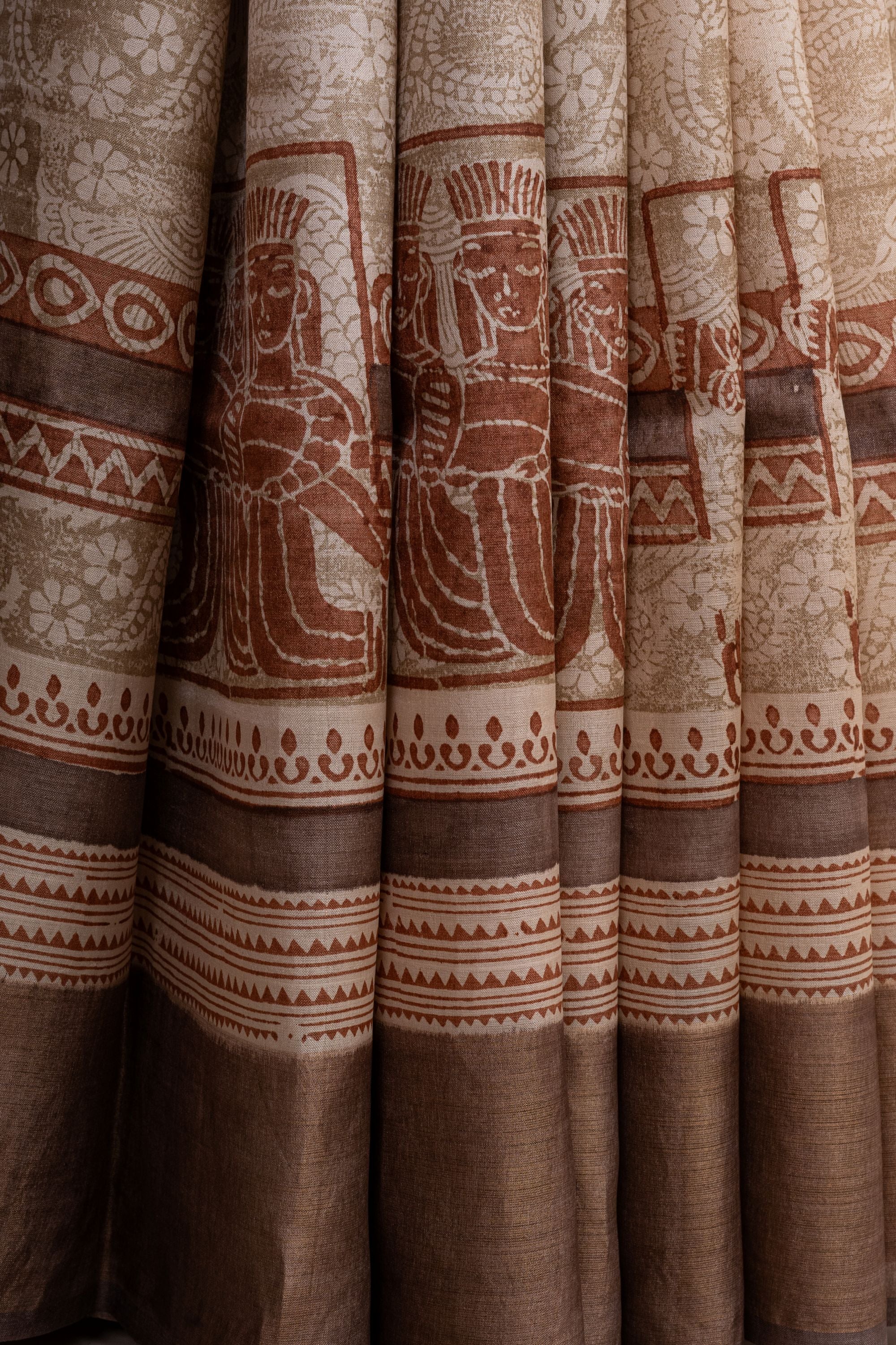 Block Printed Cream Tussar Silk Saree