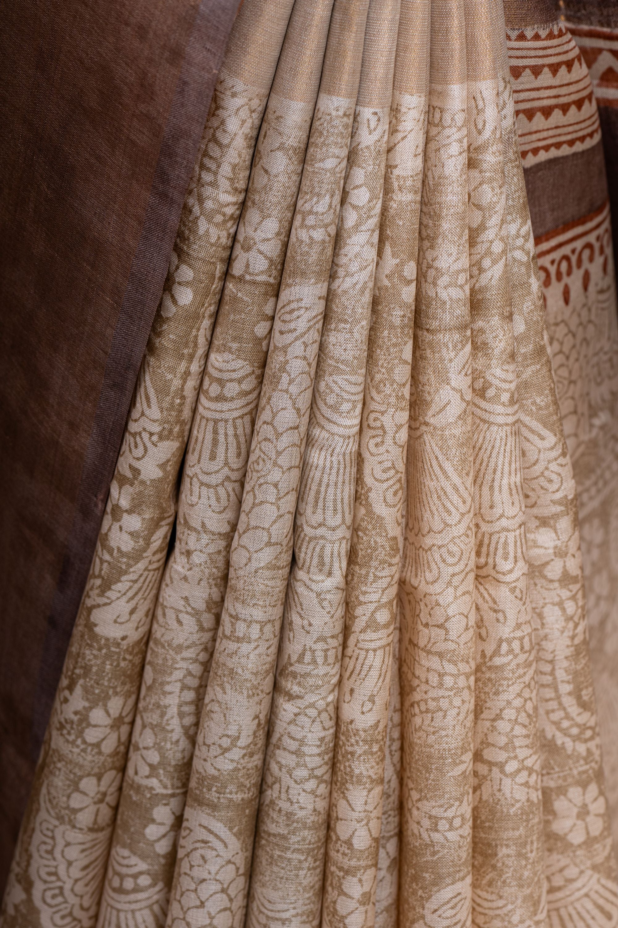 Block Printed Cream Tussar Silk Saree