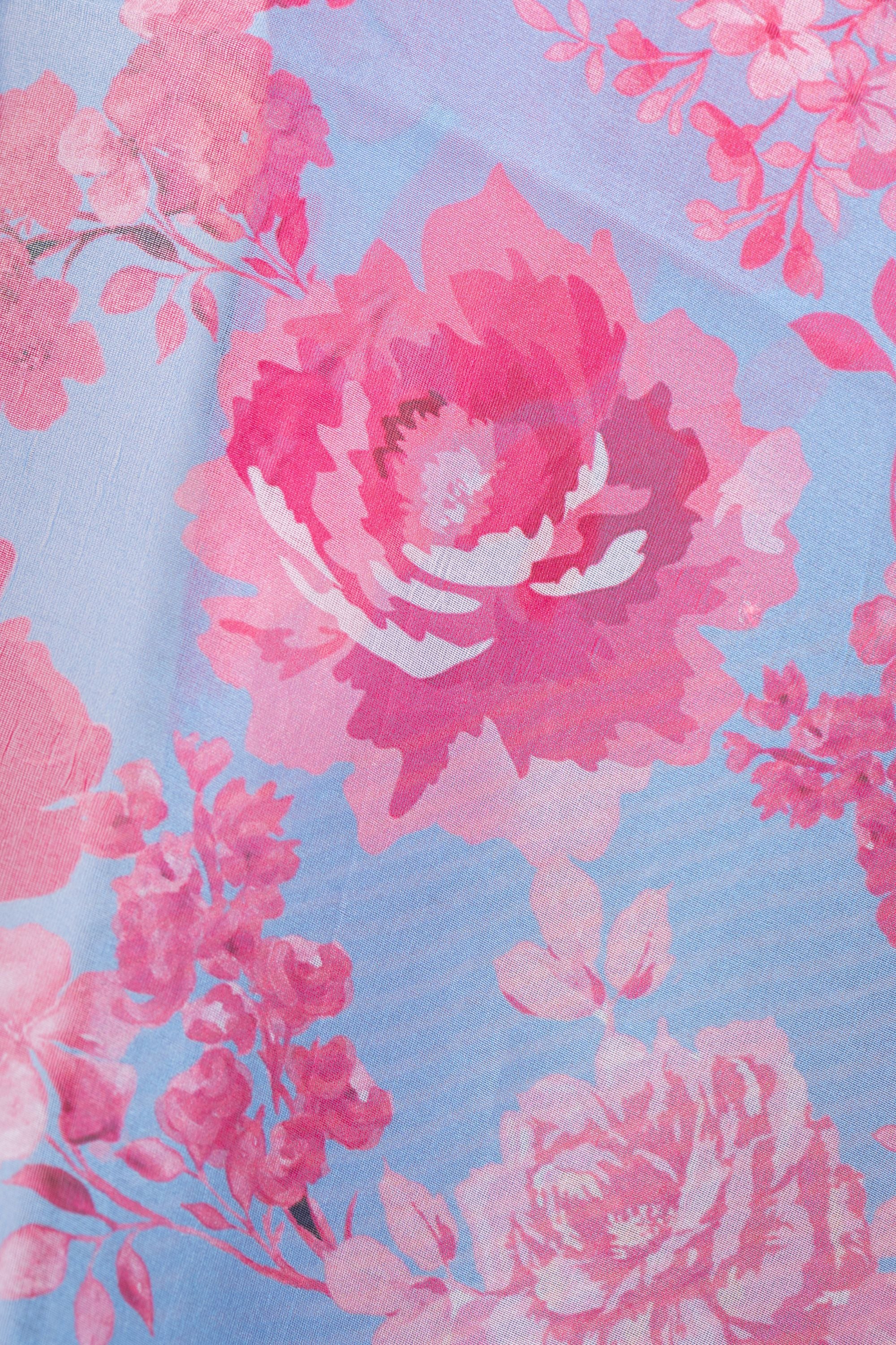 Printed Blue Organza Saree