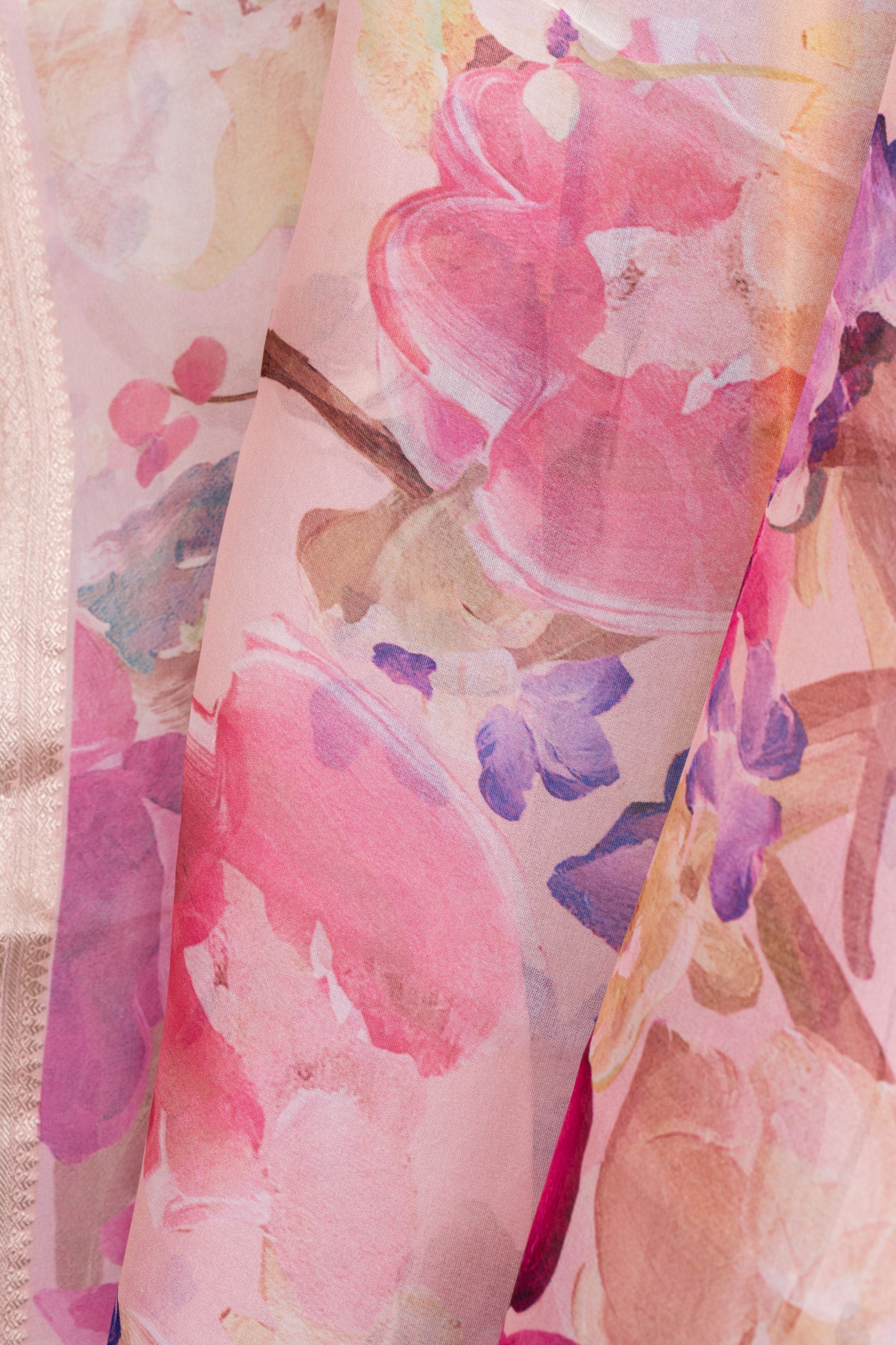 Printed Pink Organza Saree