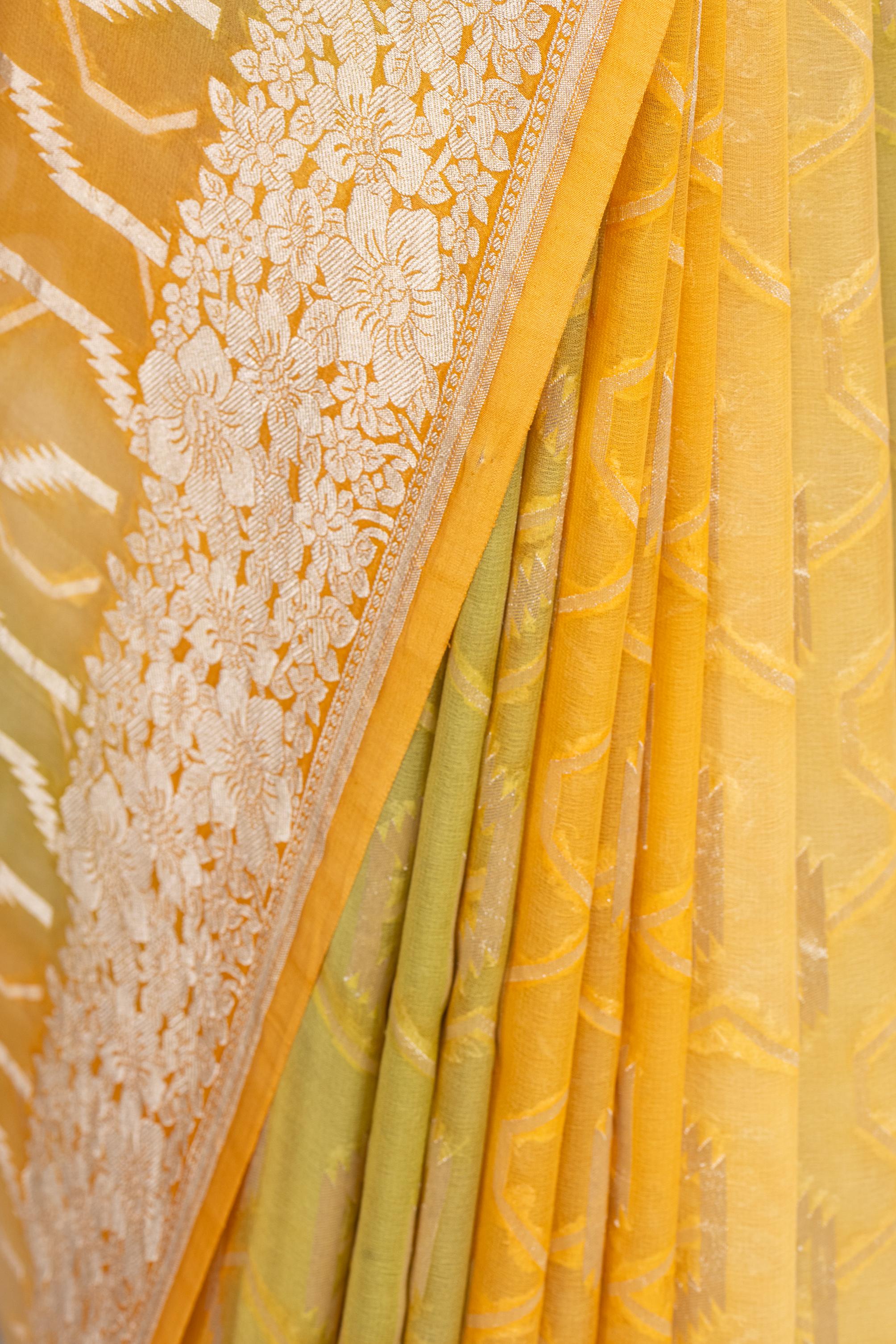 Yellow Green Khaddi Georgette Saree