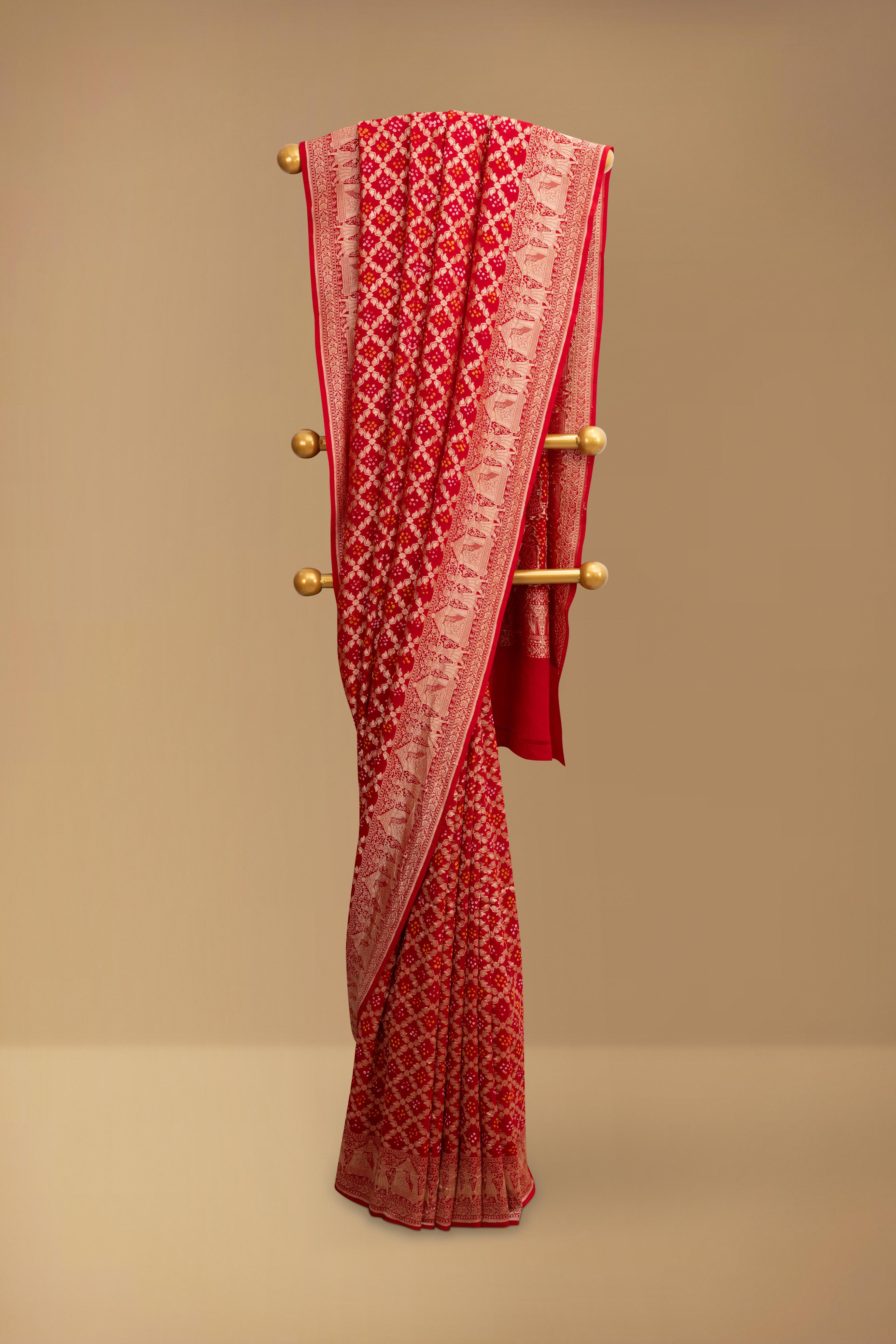 Bandhani / Bandhej Red Khaddi Georgette Saree