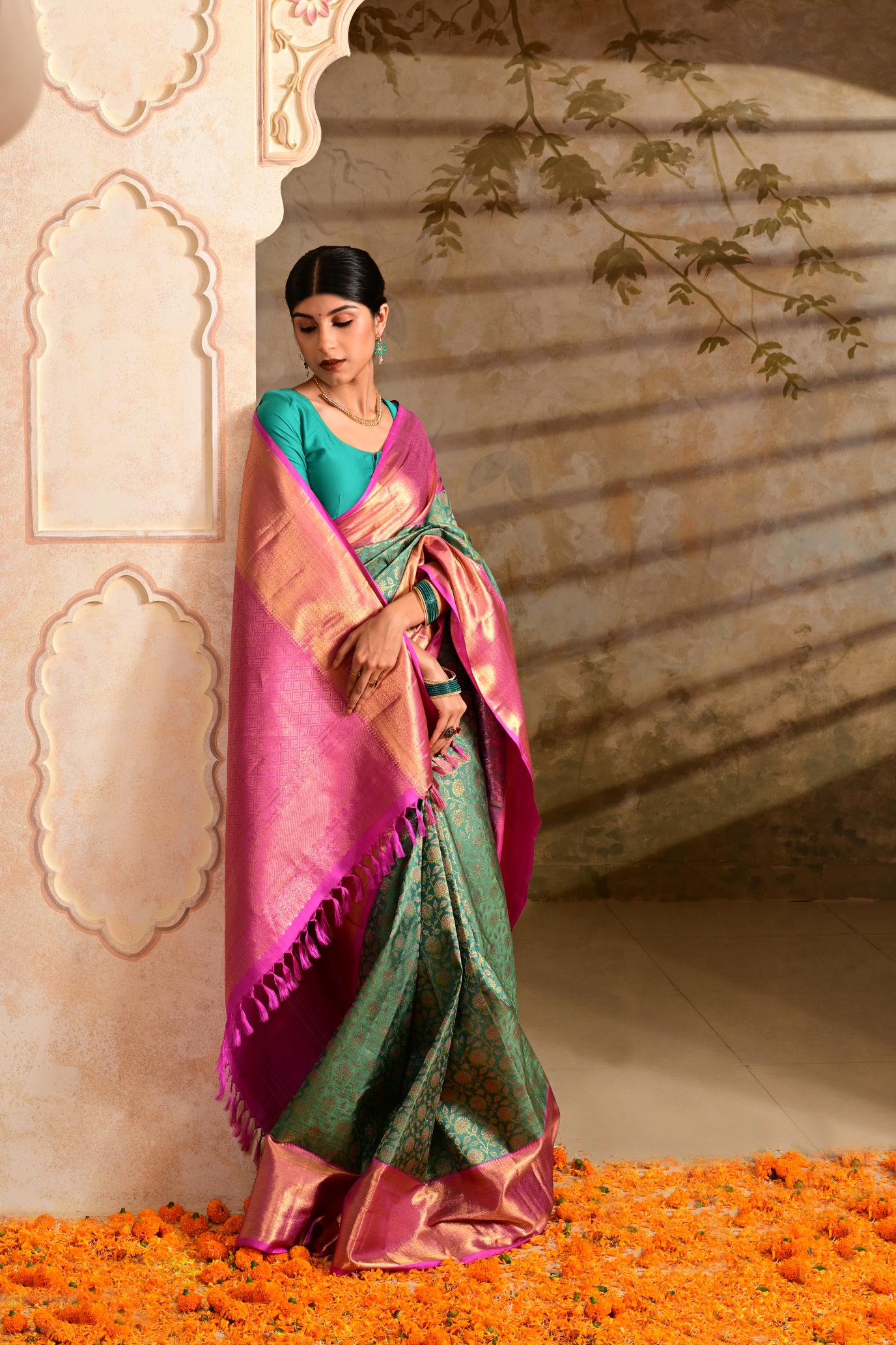 Turqouise Green Pure Silk Pure Zari Kanjivaram Saree