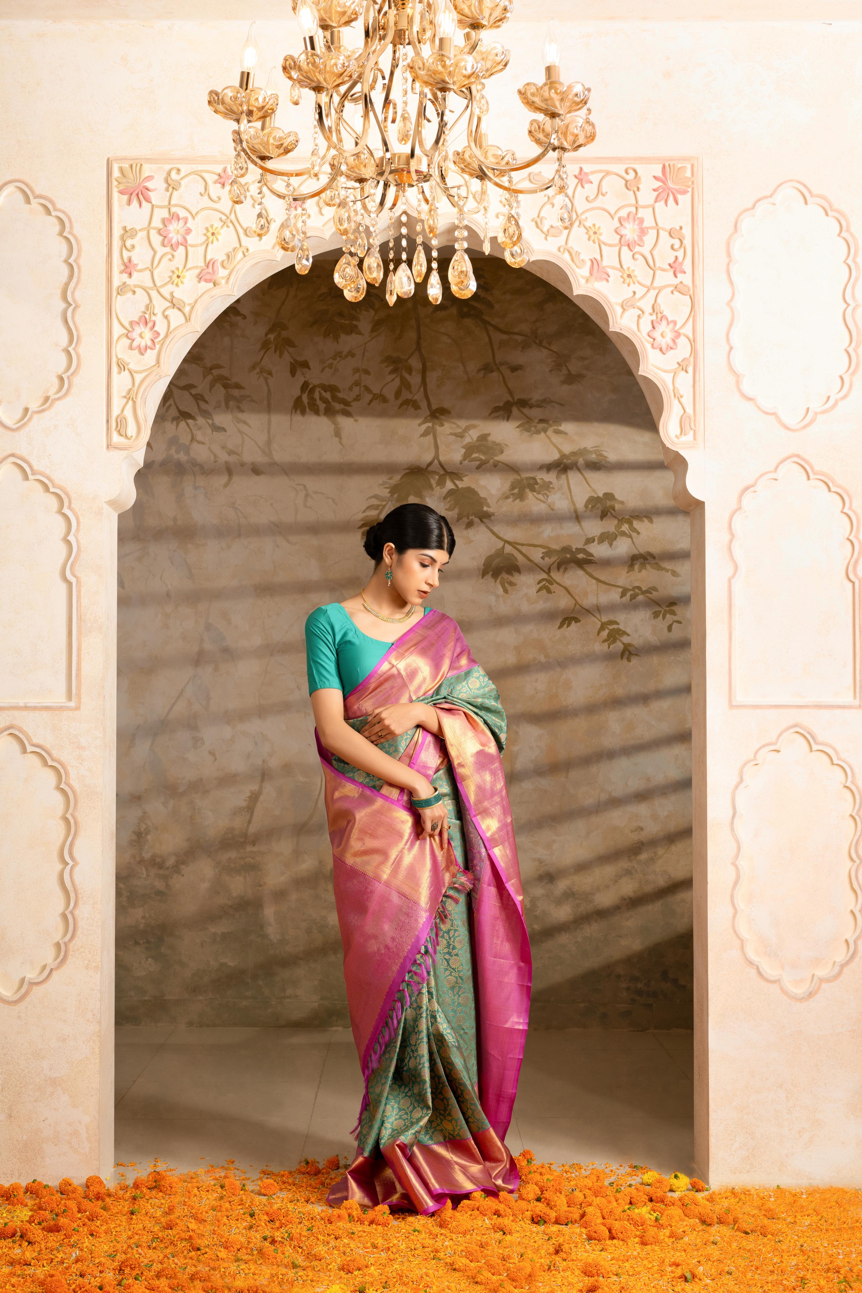 Turqouise Green Pure Silk Pure Zari Kanjivaram Saree