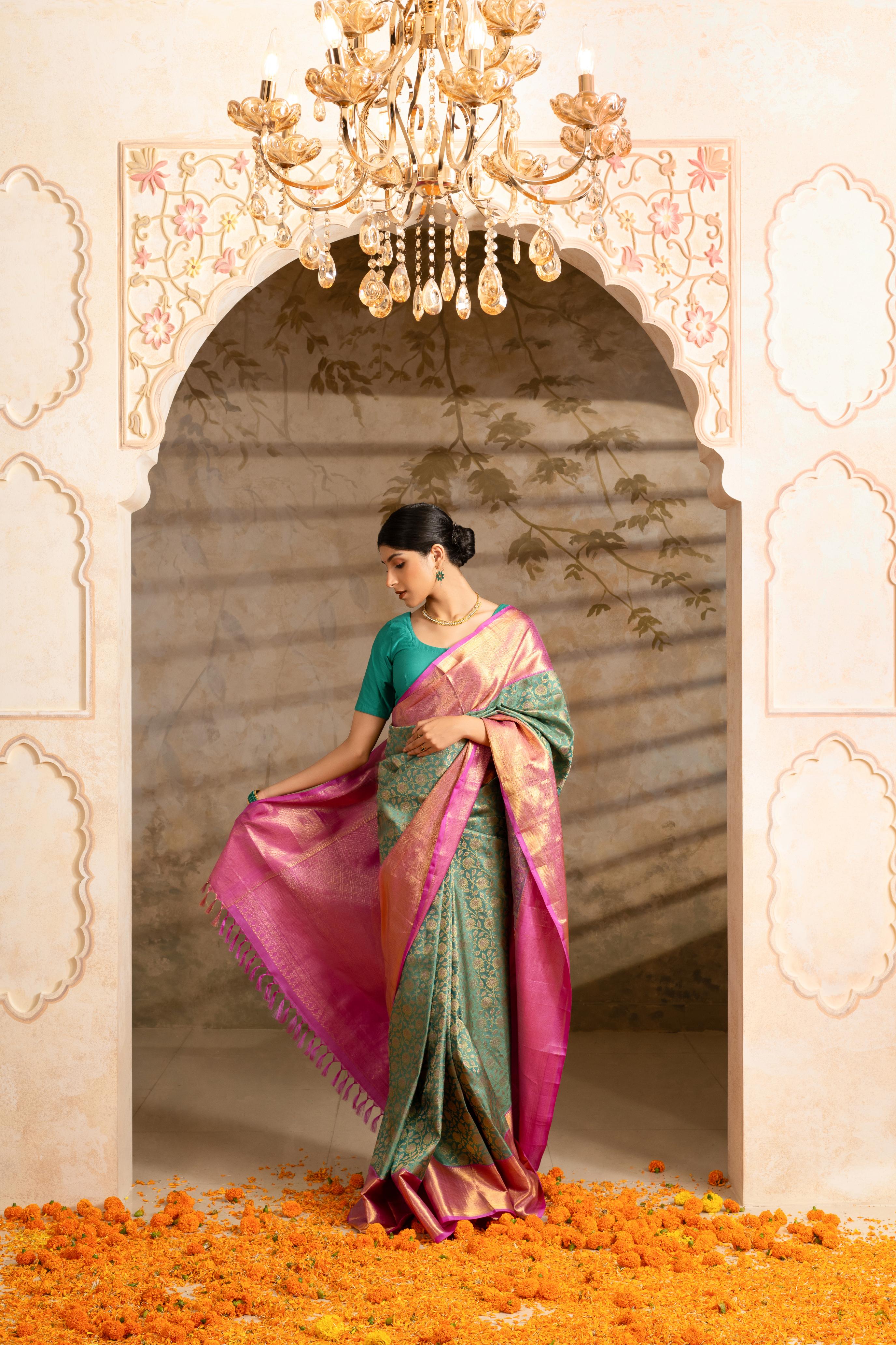 Turqouise Green Pure Silk Pure Zari Kanjivaram Saree