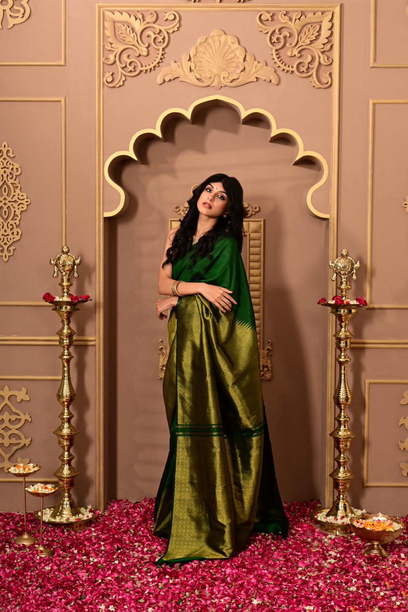 Dark Bottle Green Pure Silk Pure Zari Kanjivaram Saree