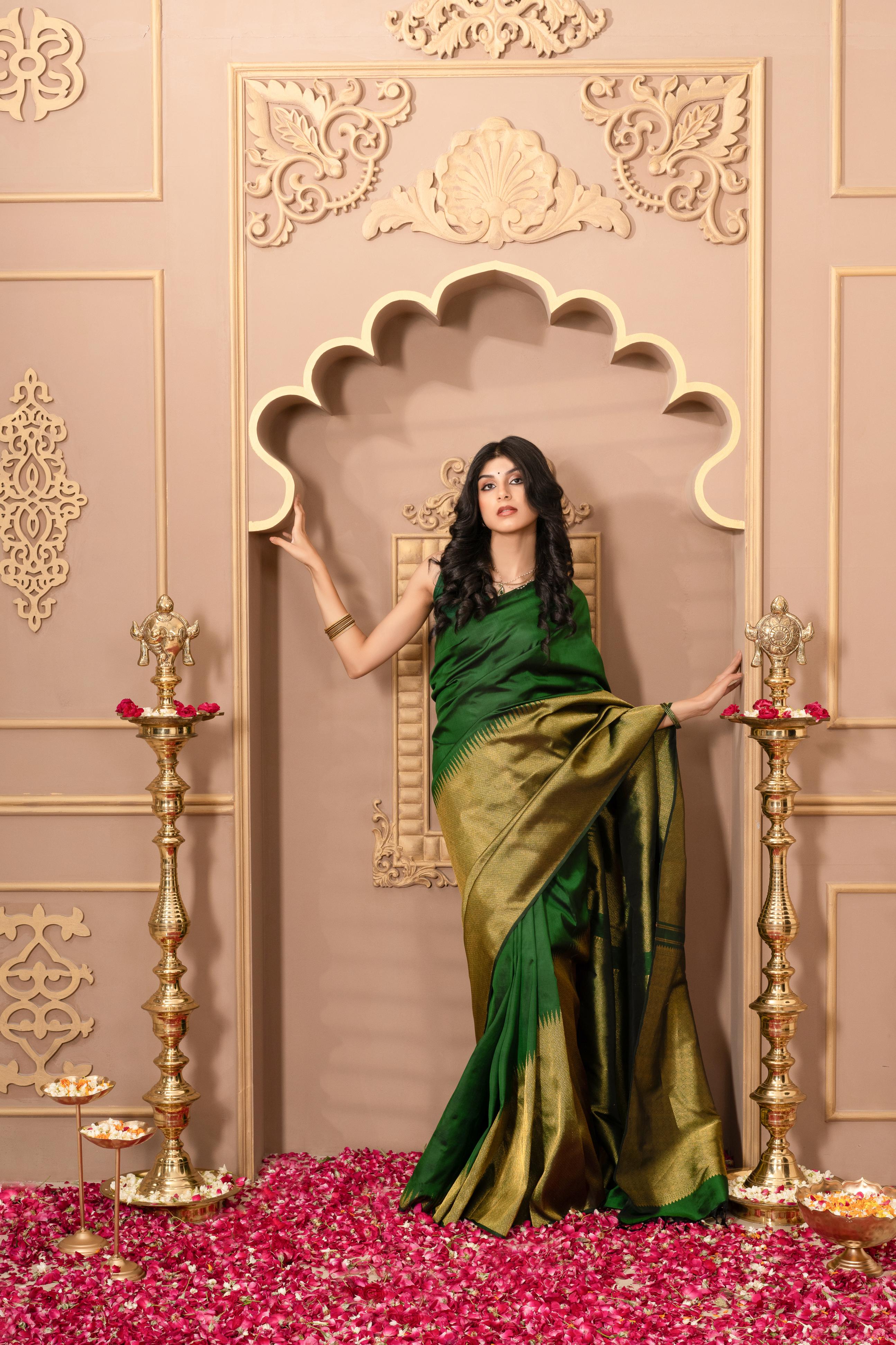 Dark Bottle Green Pure Silk Pure Zari Kanjivaram Saree