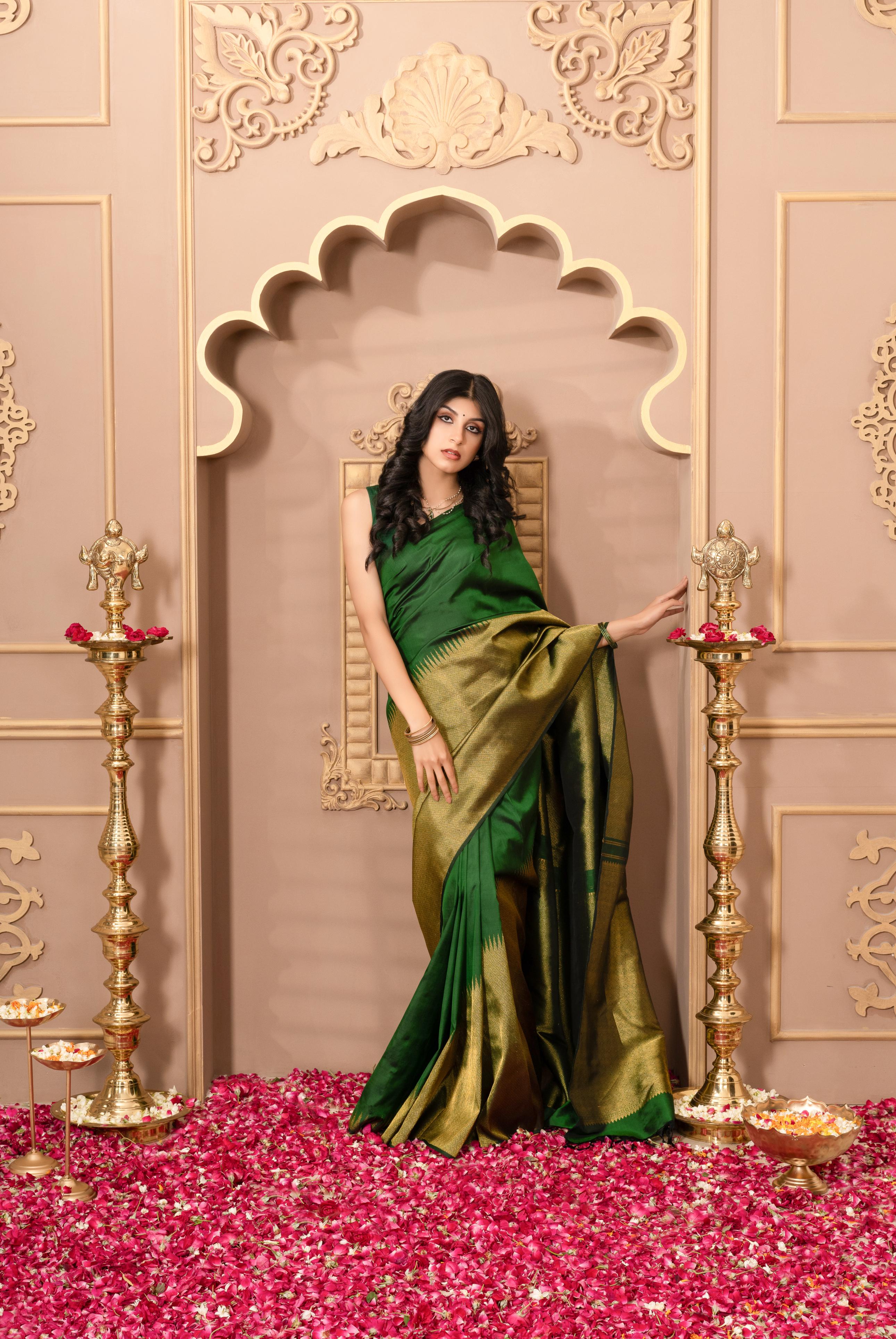 Dark Bottle Green Pure Silk Pure Zari Kanjivaram Saree