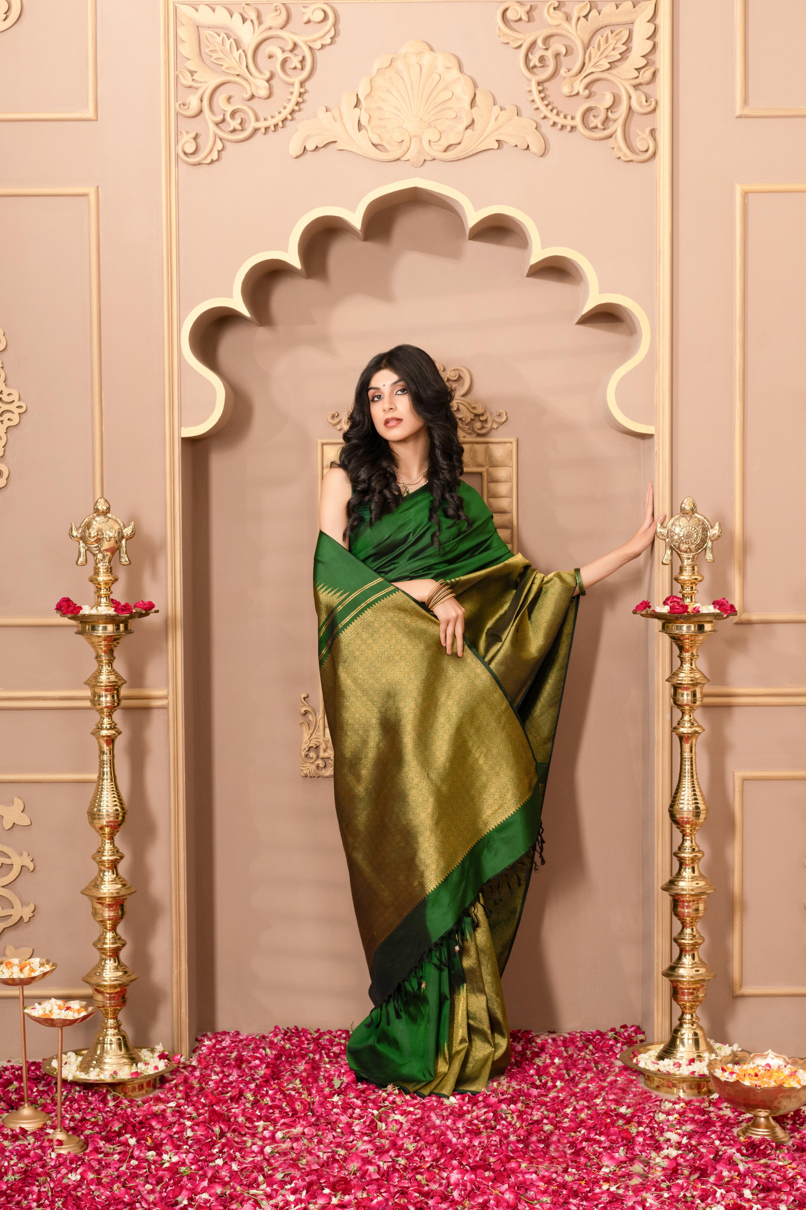 Dark Bottle Green Pure Silk Pure Zari Kanjivaram Saree