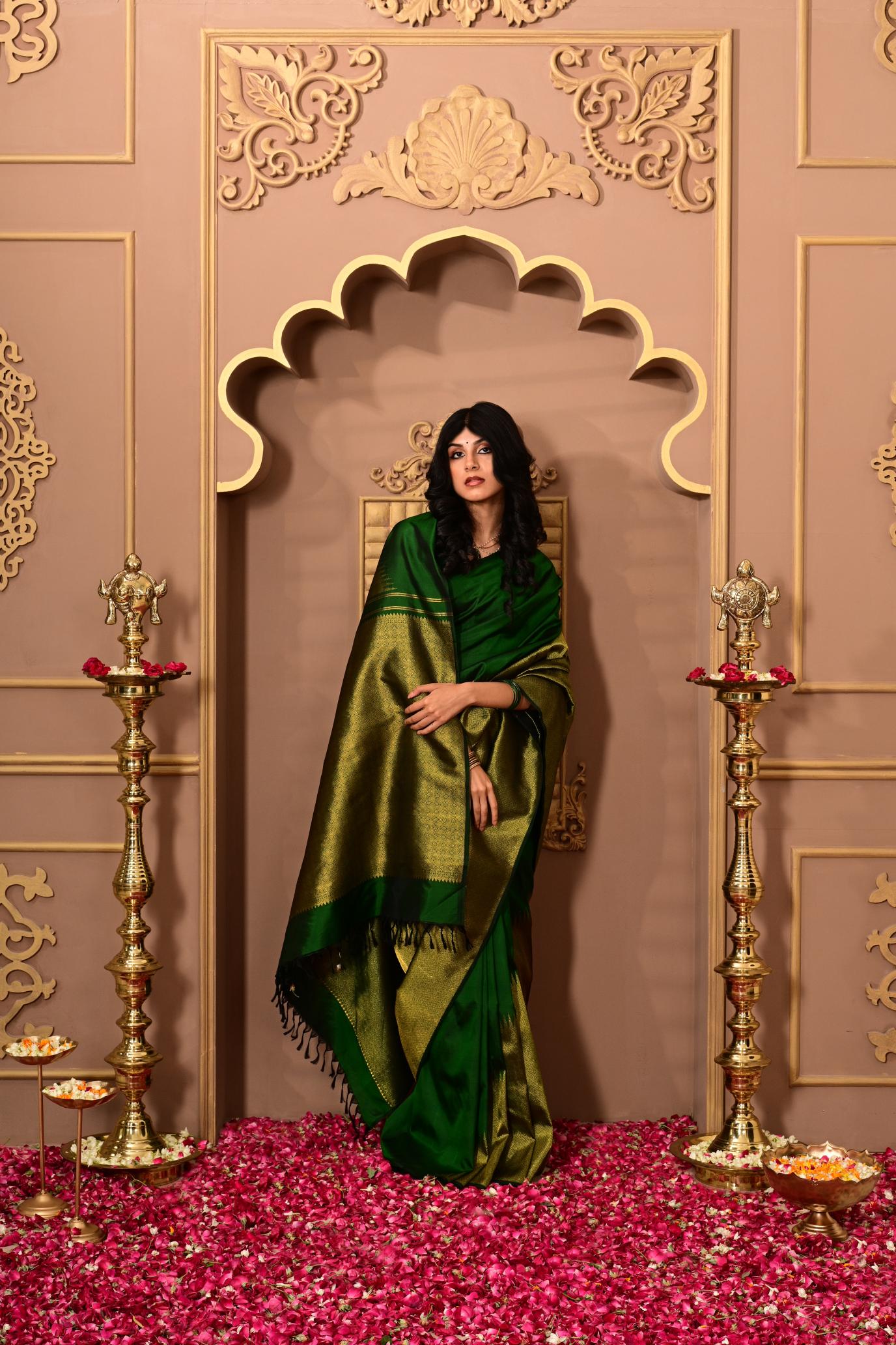 Dark Bottle Green Pure Silk Pure Zari Kanjivaram Saree