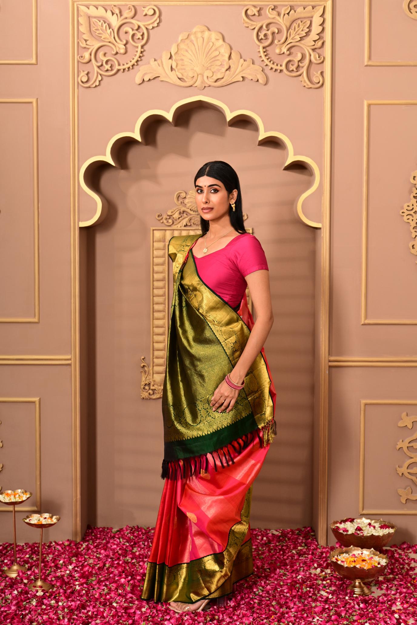 Tomato Pink Pure Silk Pure Zari Kanjivaram Saree