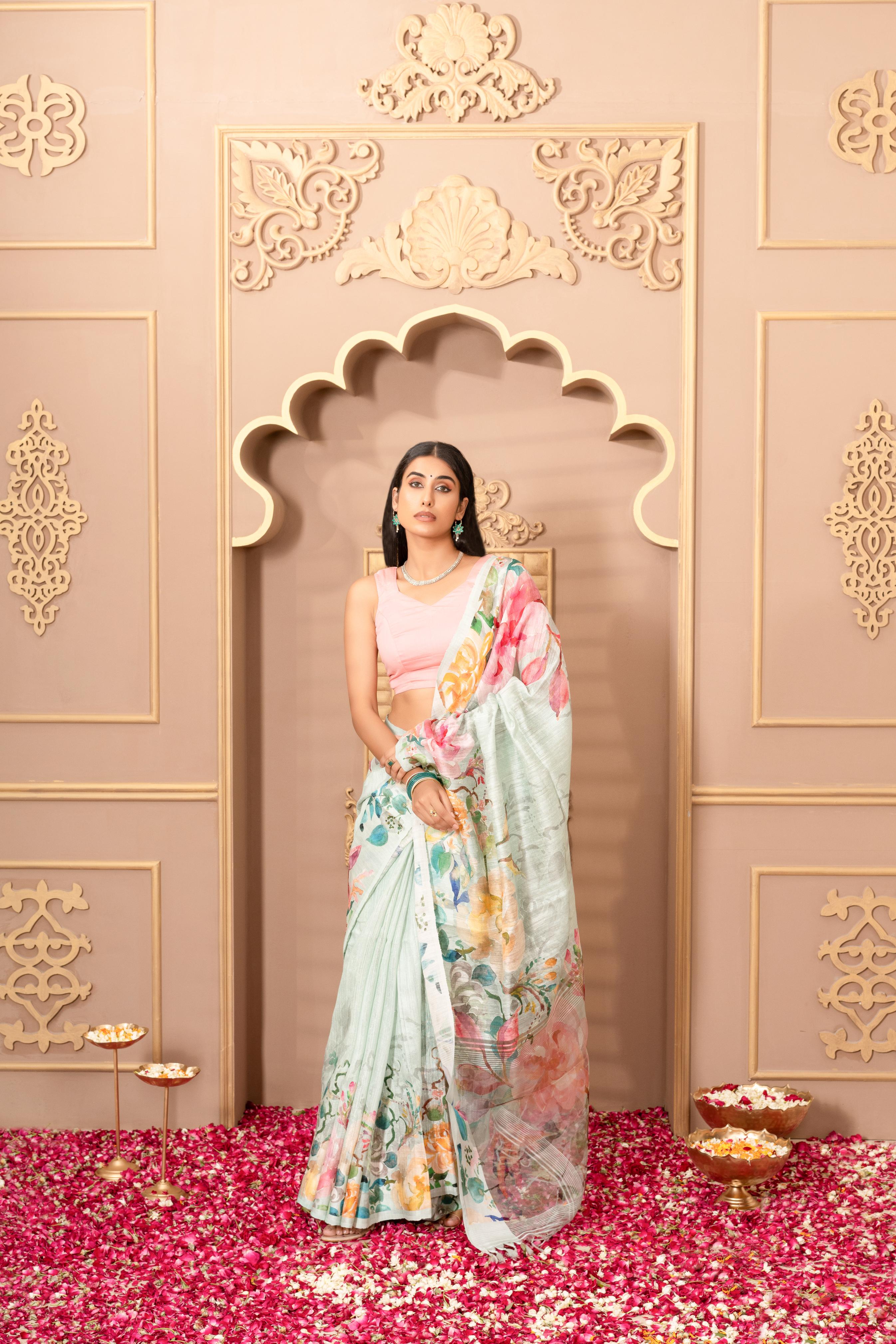 Light Blue Digital Printed Tussar Saree