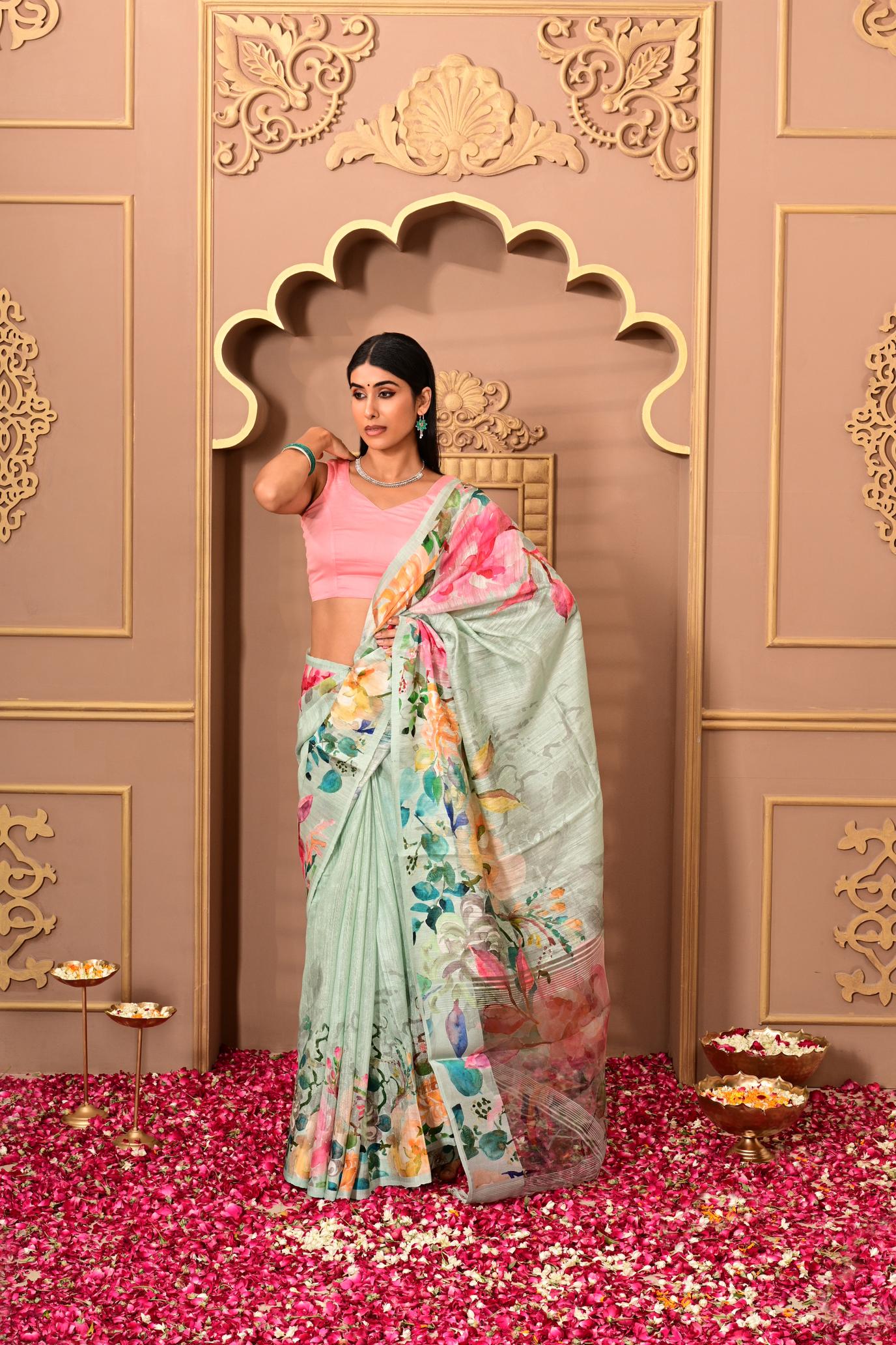 Light Blue Digital Printed Tussar Saree
