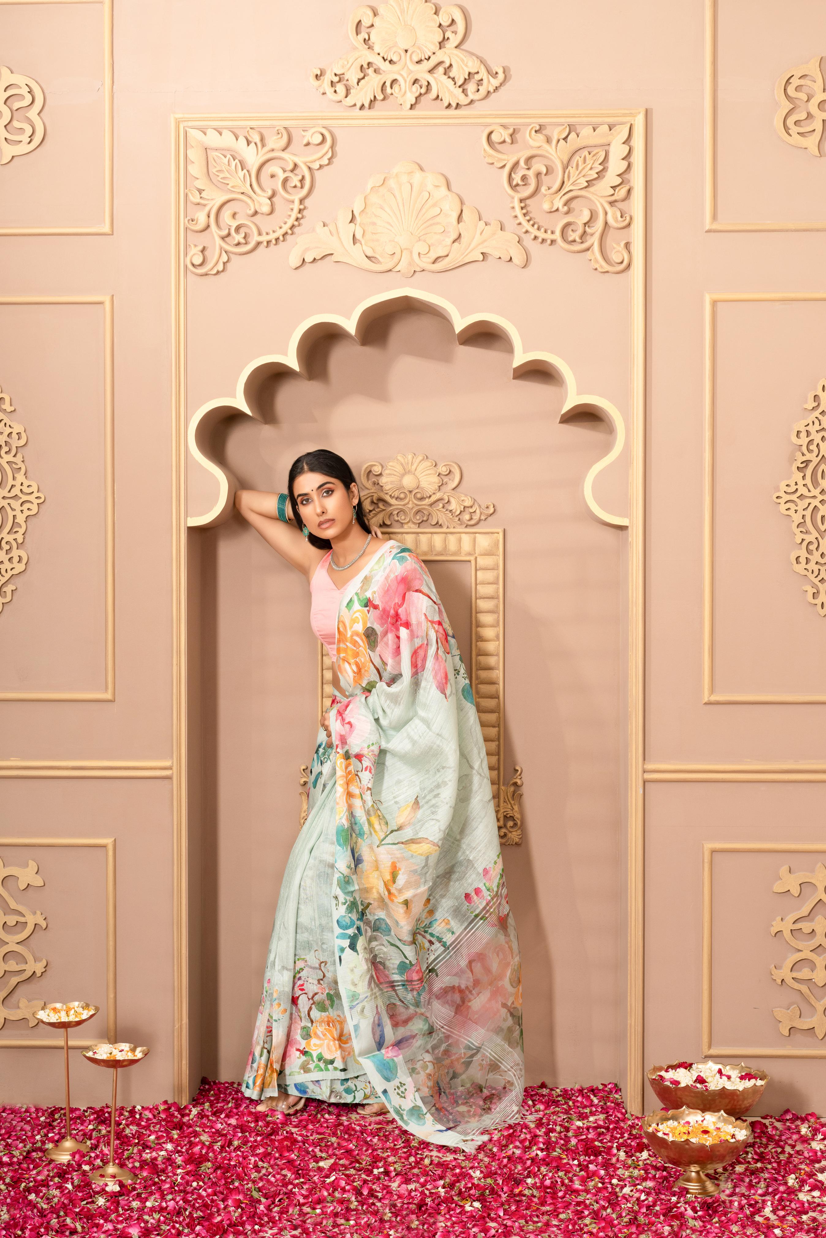 Light Blue Digital Printed Tussar Saree