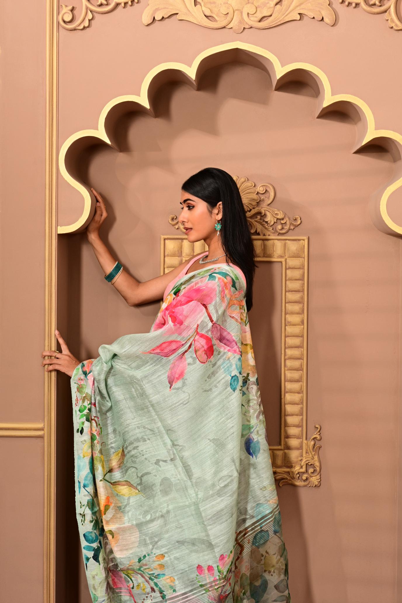 Light Blue Digital Printed Tussar Saree