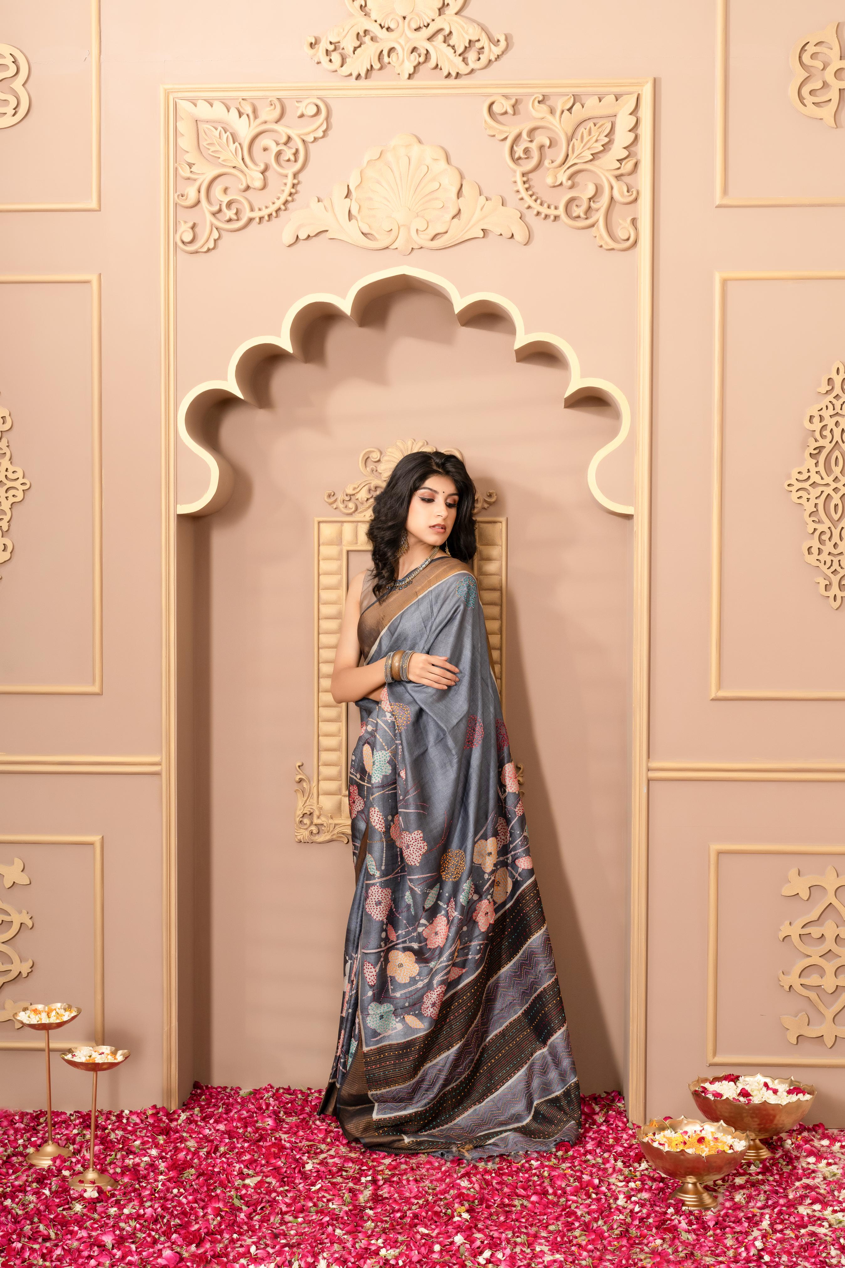 Dark Blue HandPrinted French-Knot Kantha Tussar Saree