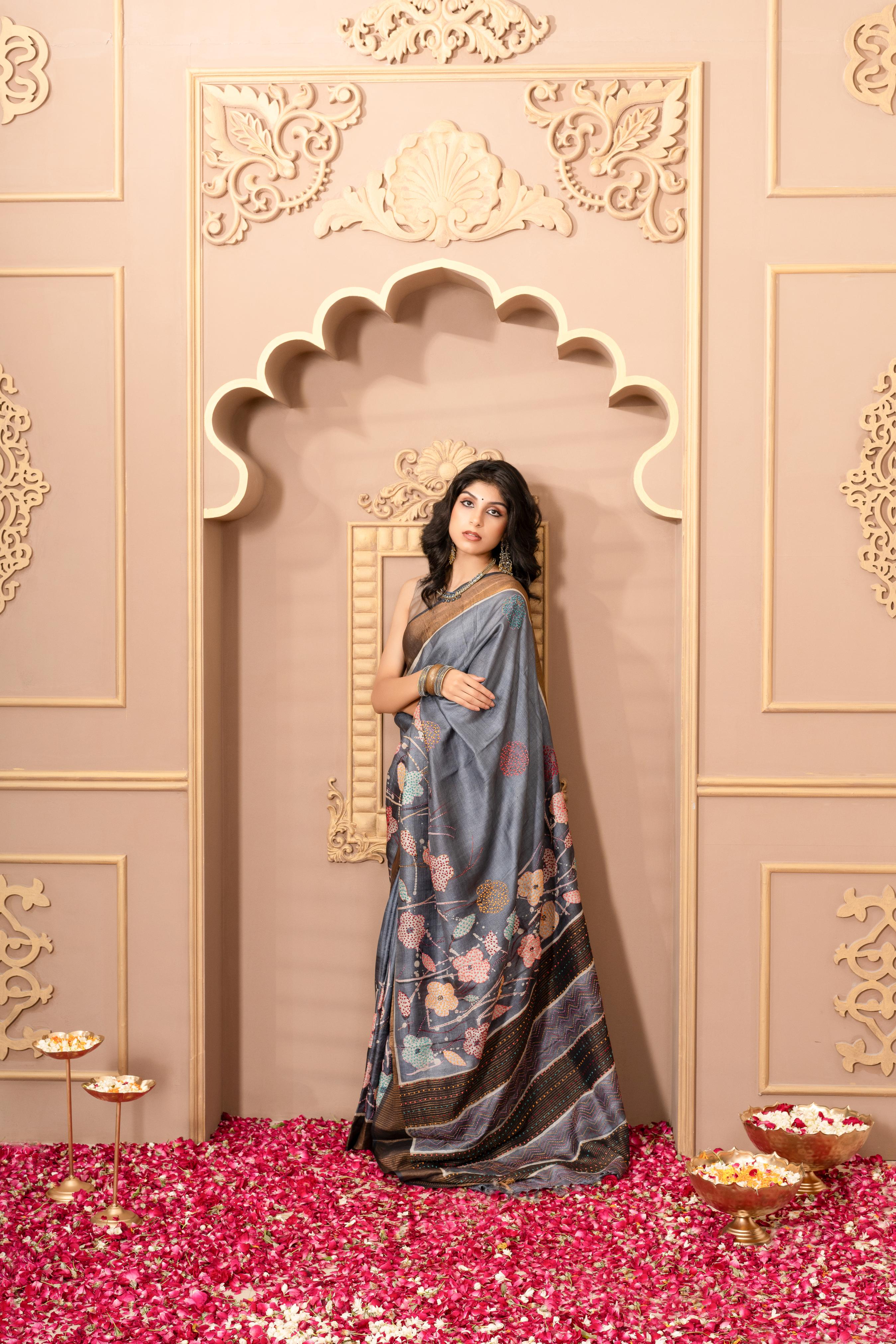 Dark Blue HandPrinted French-Knot Kantha Tussar Saree