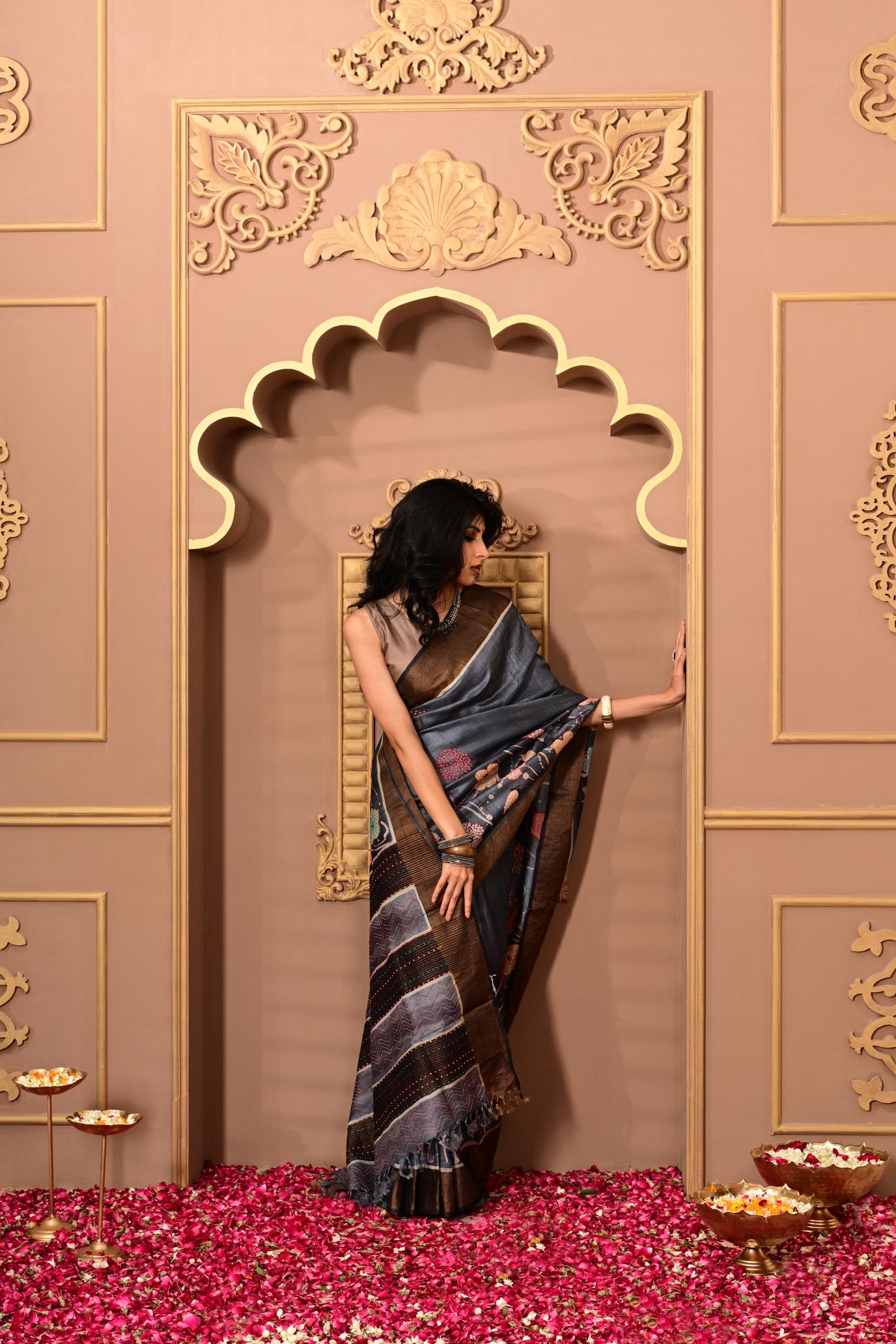 Dark Blue HandPrinted French-Knot Kantha Tussar Saree
