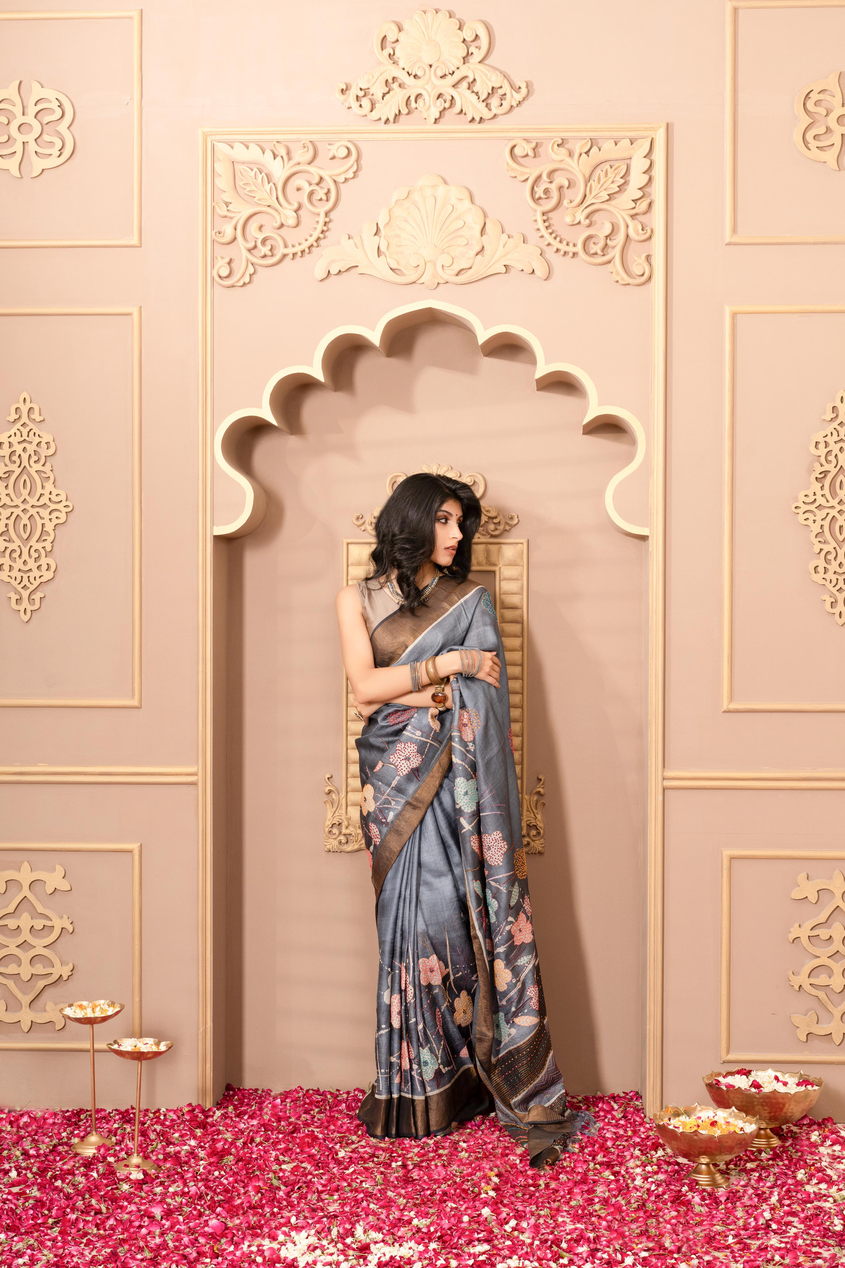 Dark Blue HandPrinted French-Knot Kantha Tussar Saree
