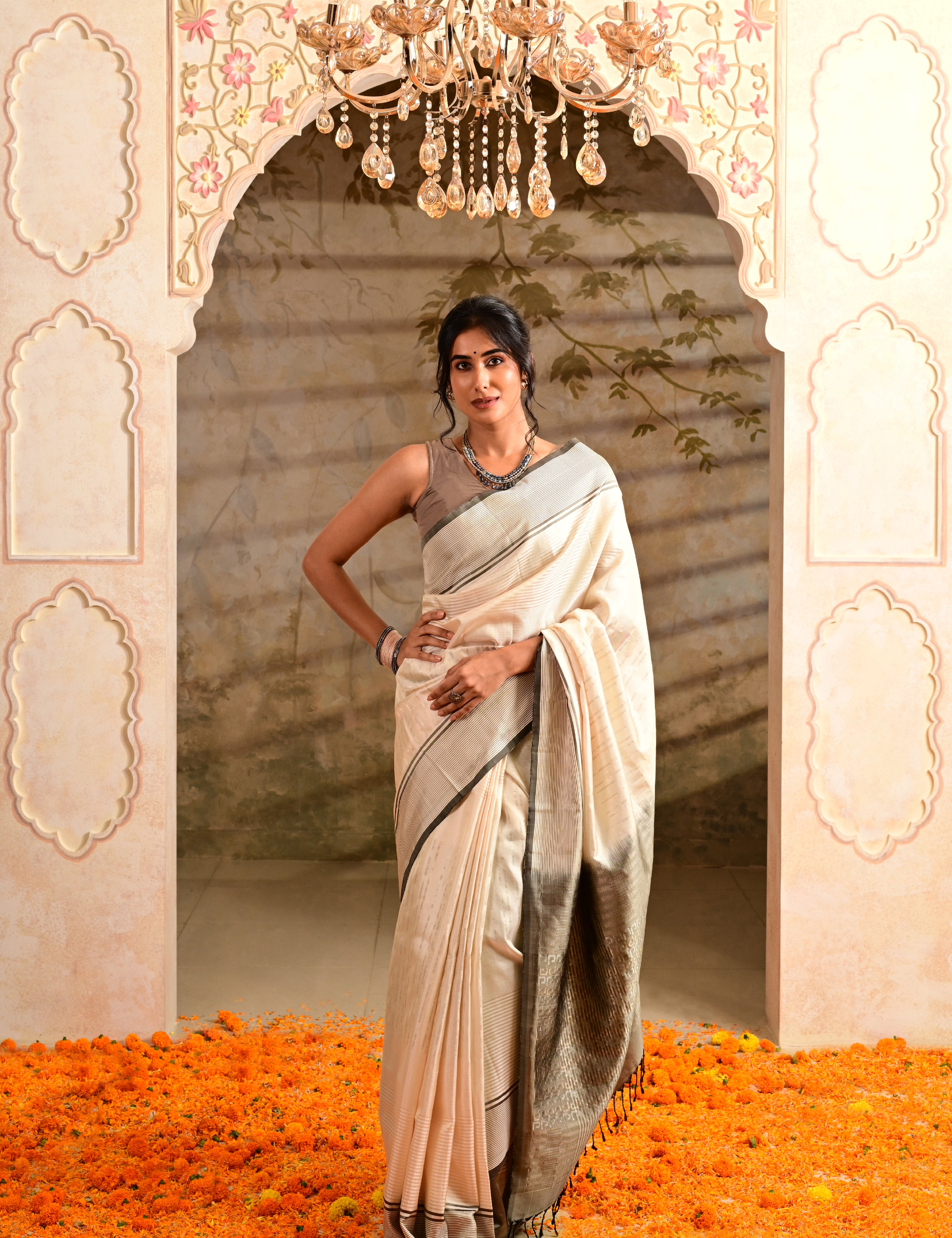 Cream Pure Soft Silk Saree