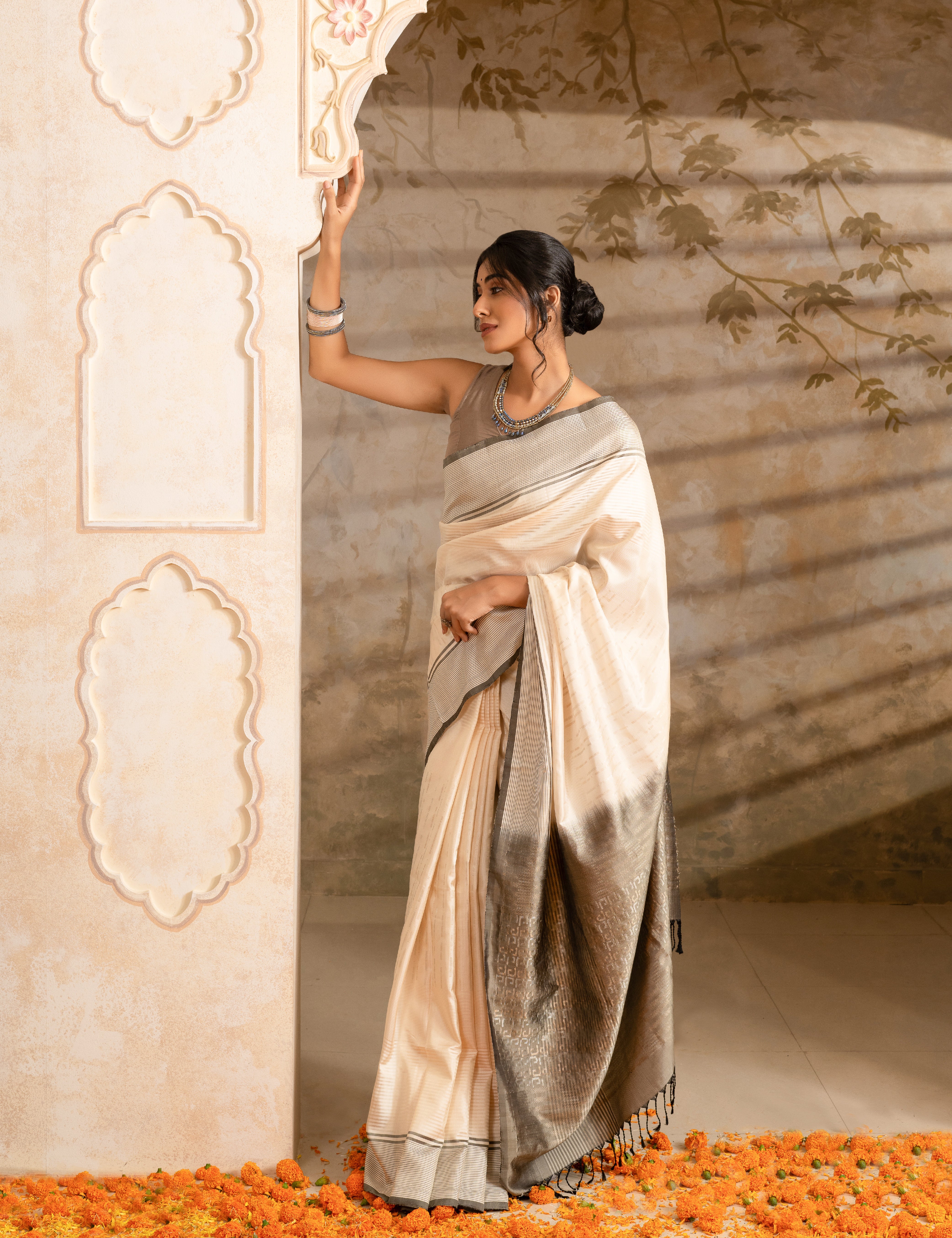 Cream Pure Soft Silk Saree