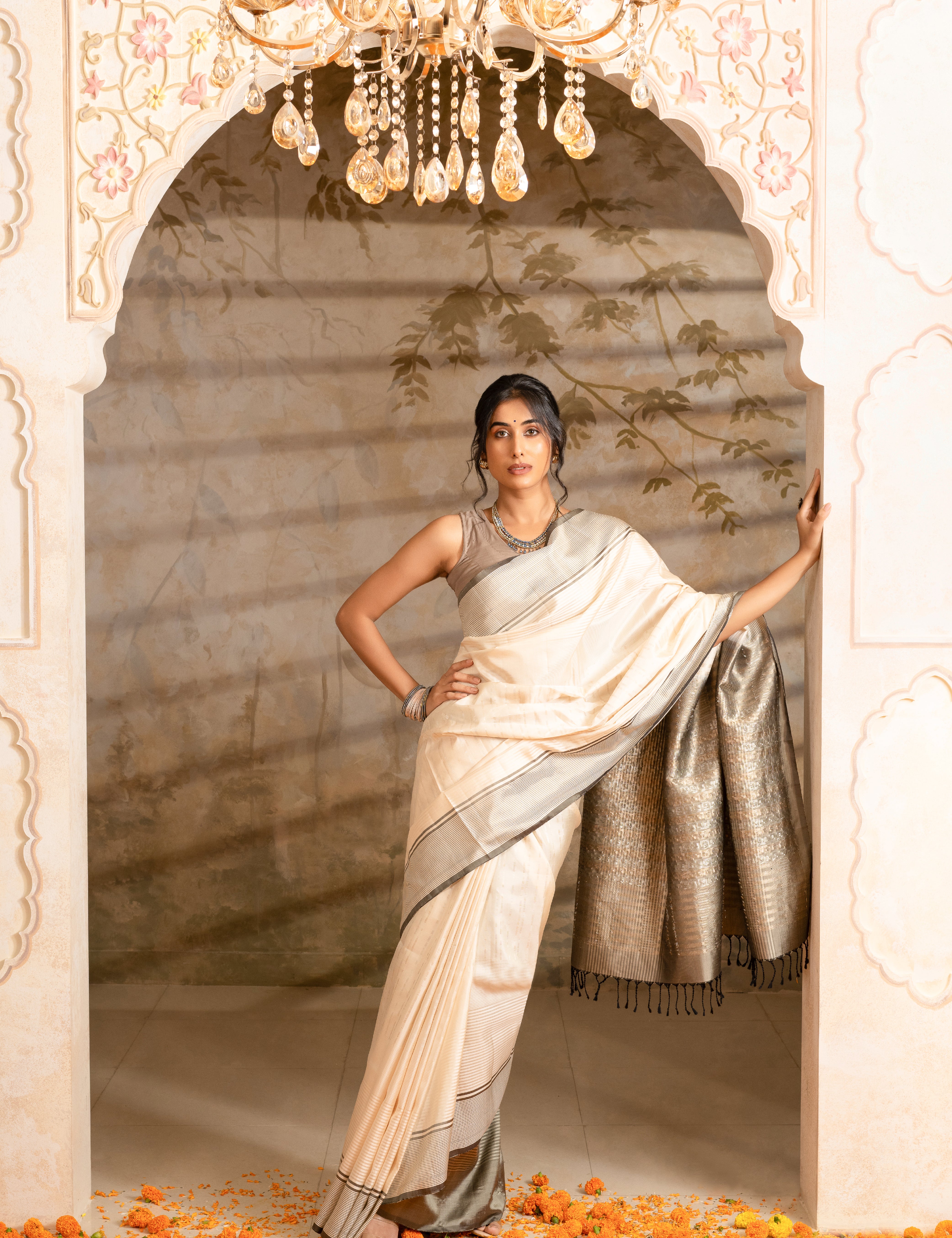 Cream Pure Soft Silk Saree