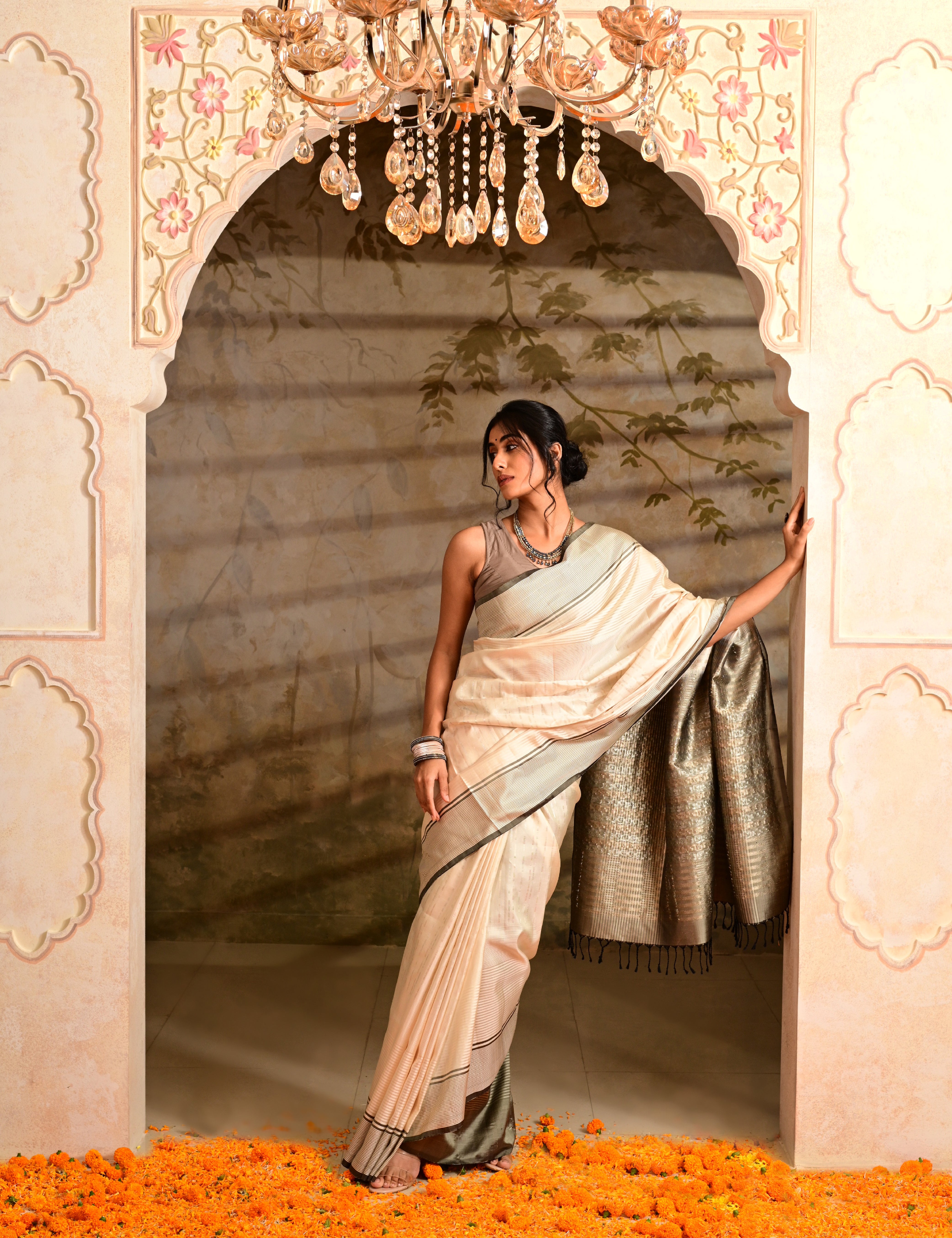 Cream Pure Soft Silk Saree