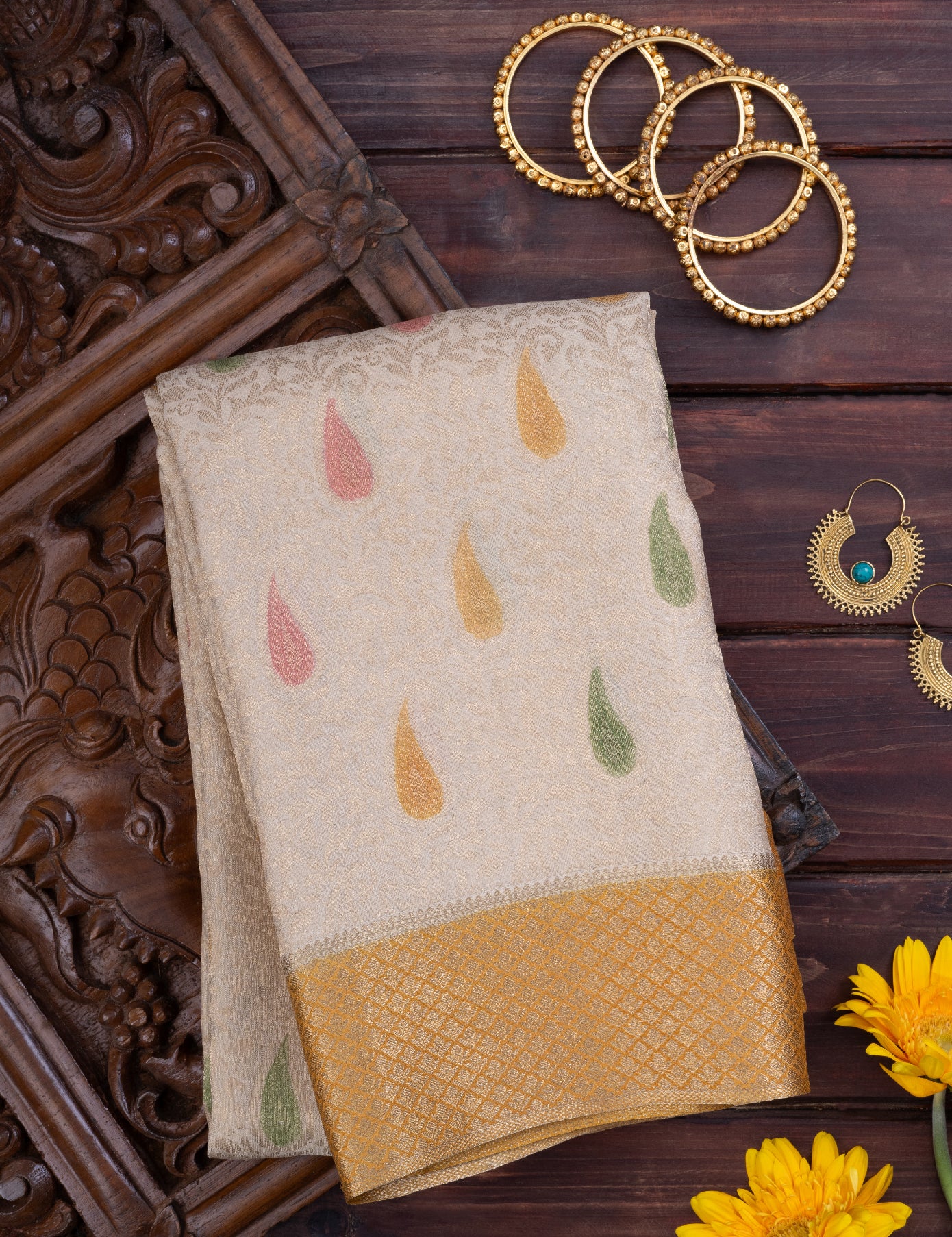 Cream Pure Crepe Saree