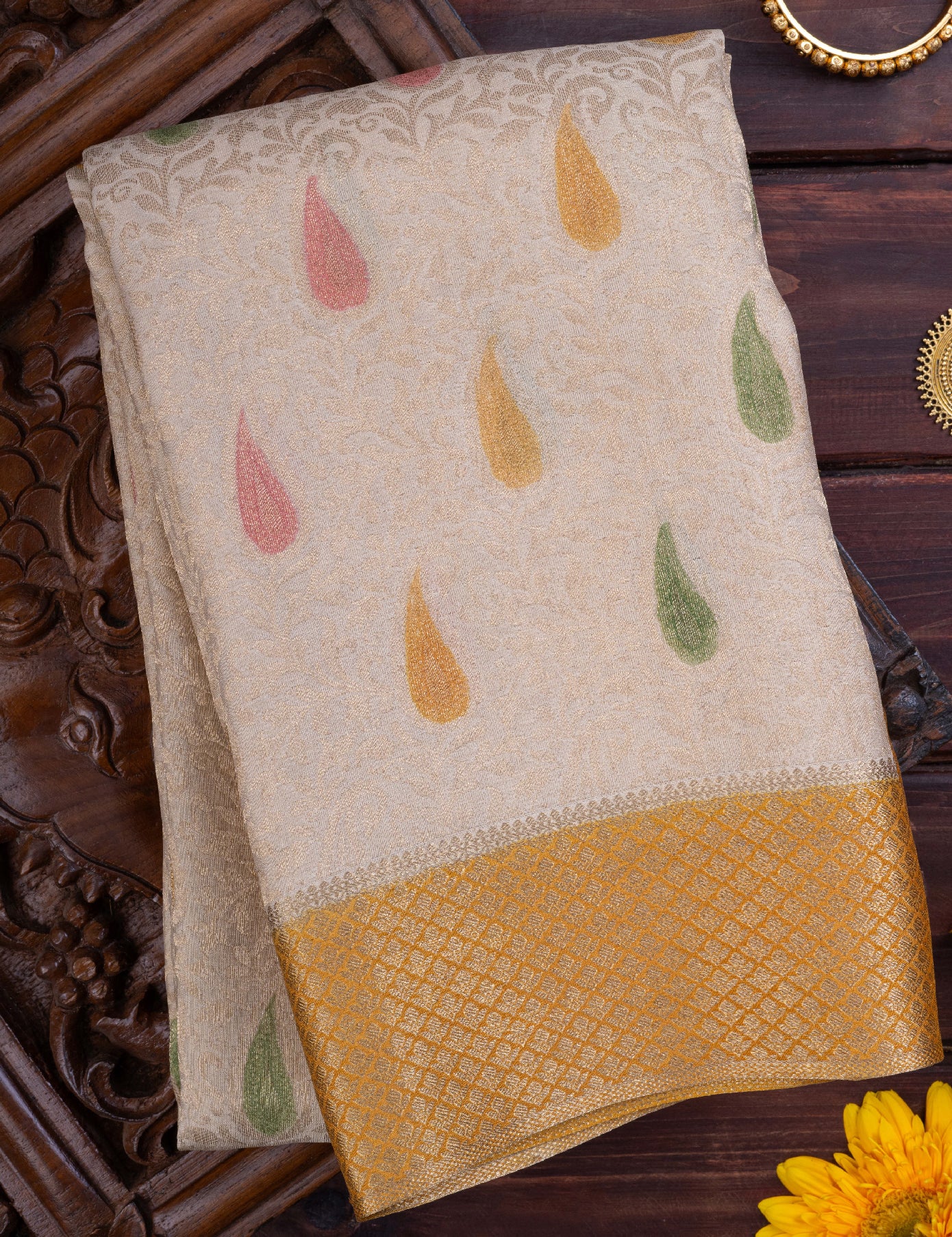 Cream Pure Crepe Saree