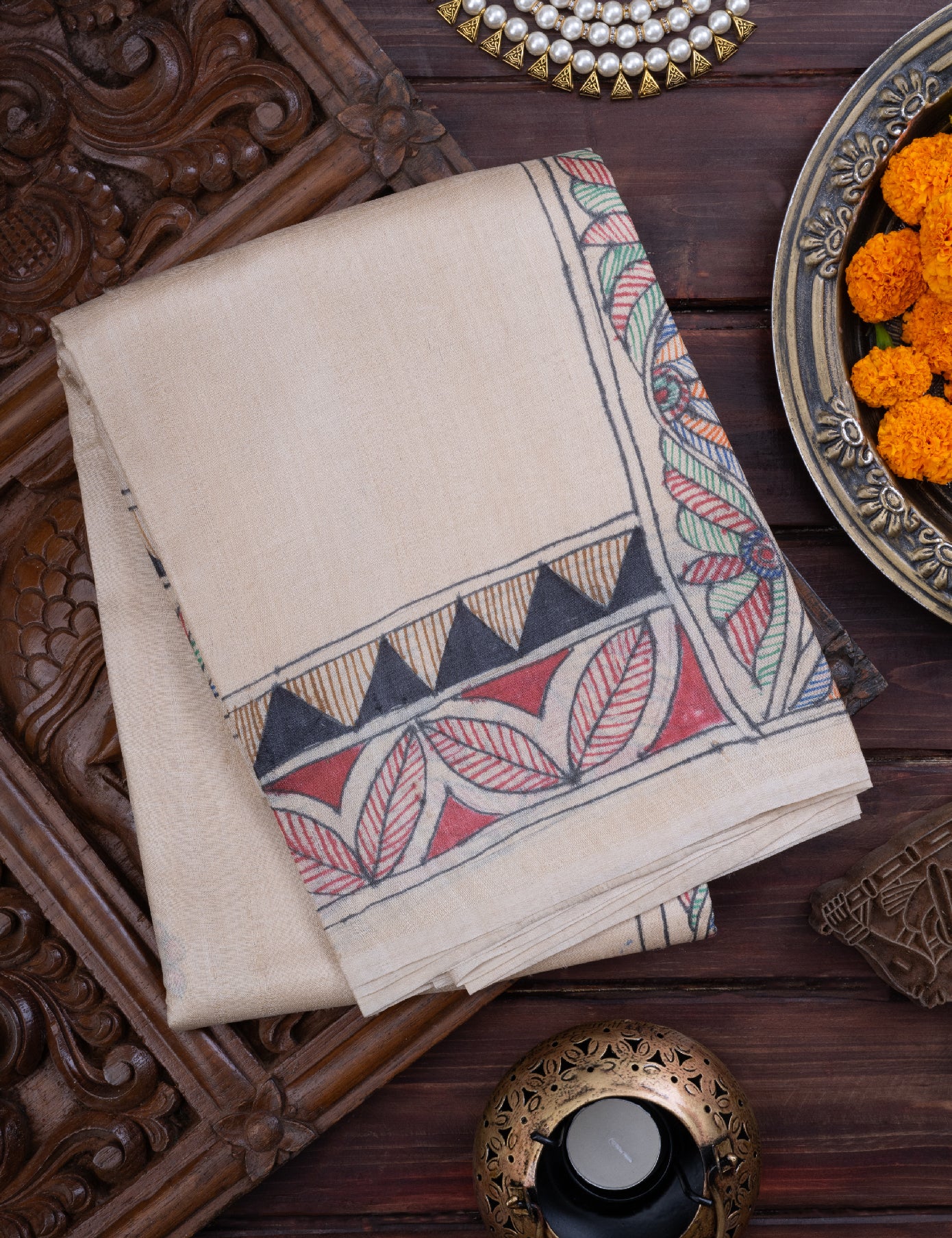 Cream Handpainted Tussar Saree