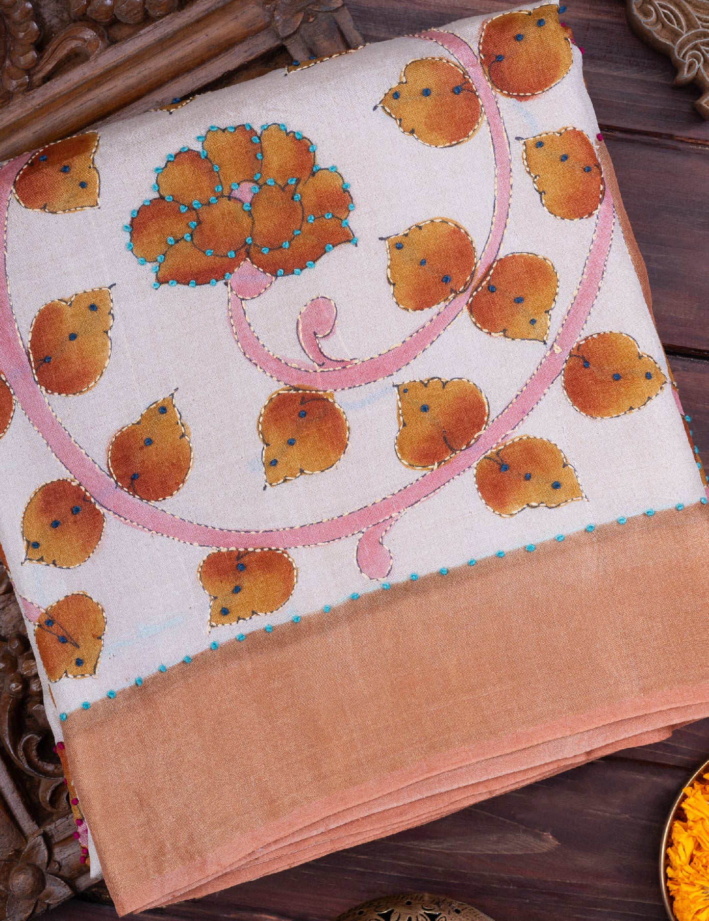 White Handpainted French-Knot Tussar Saree