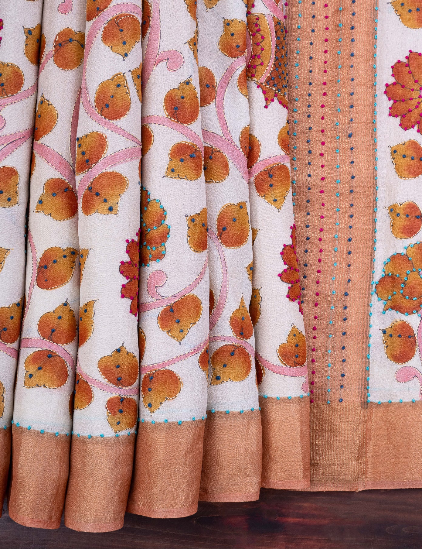 White Handpainted French-Knot Tussar Saree
