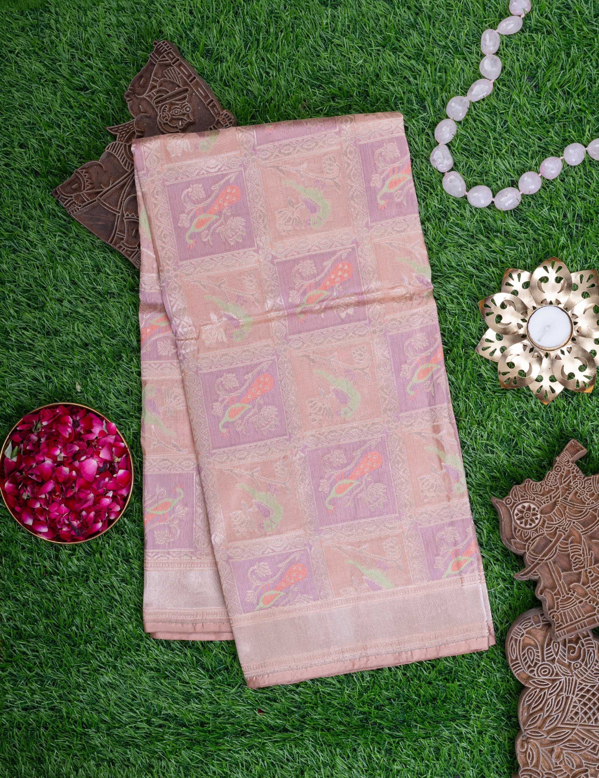 Light Peach Pure Silk Benaras Dupatta