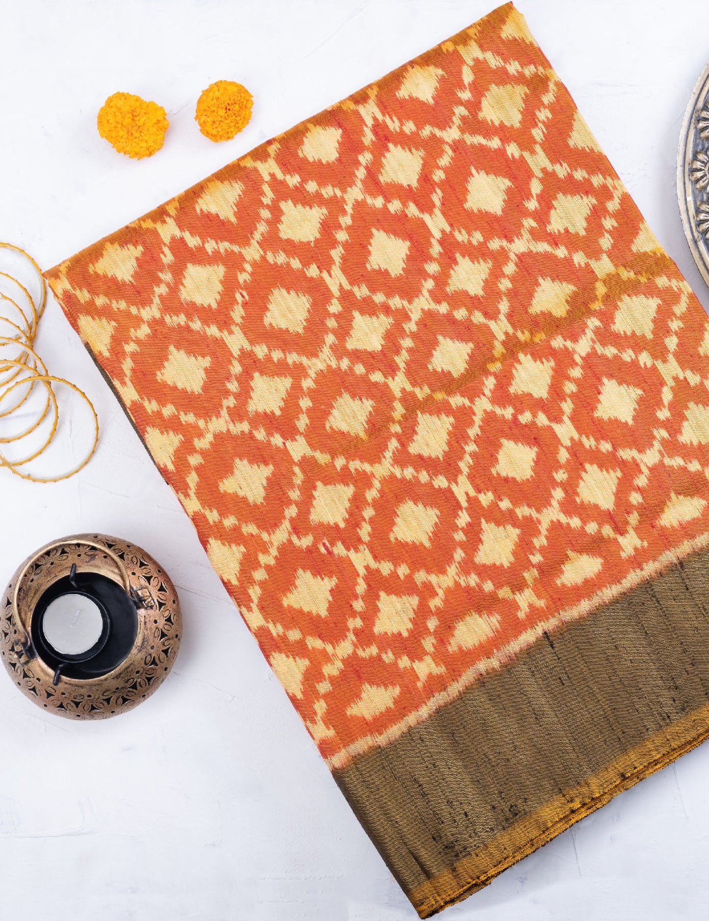 Dark Orange Pure Raw Silk Patola Saree