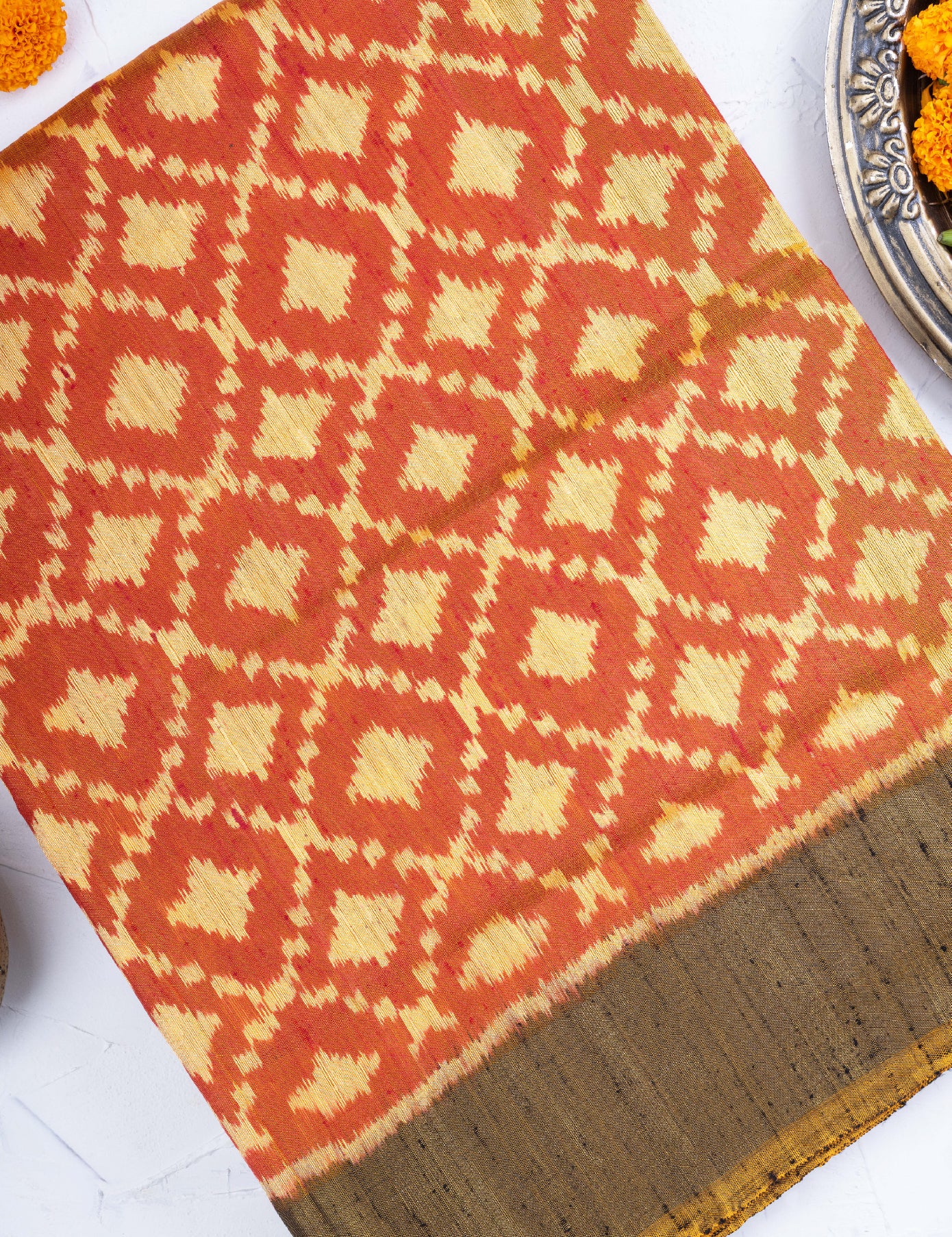 Dark Orange Pure Raw Silk Patola Saree