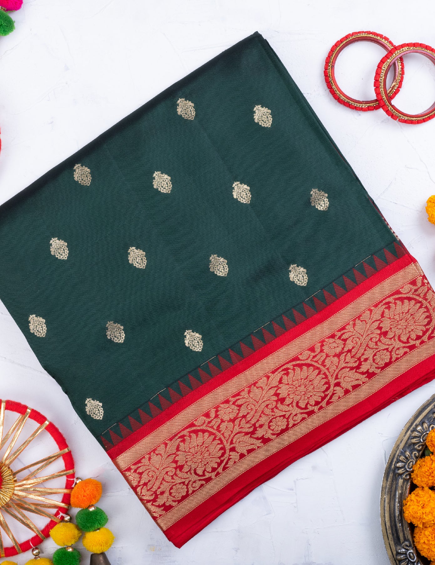 Dark Green Pure Soft Silk Saree