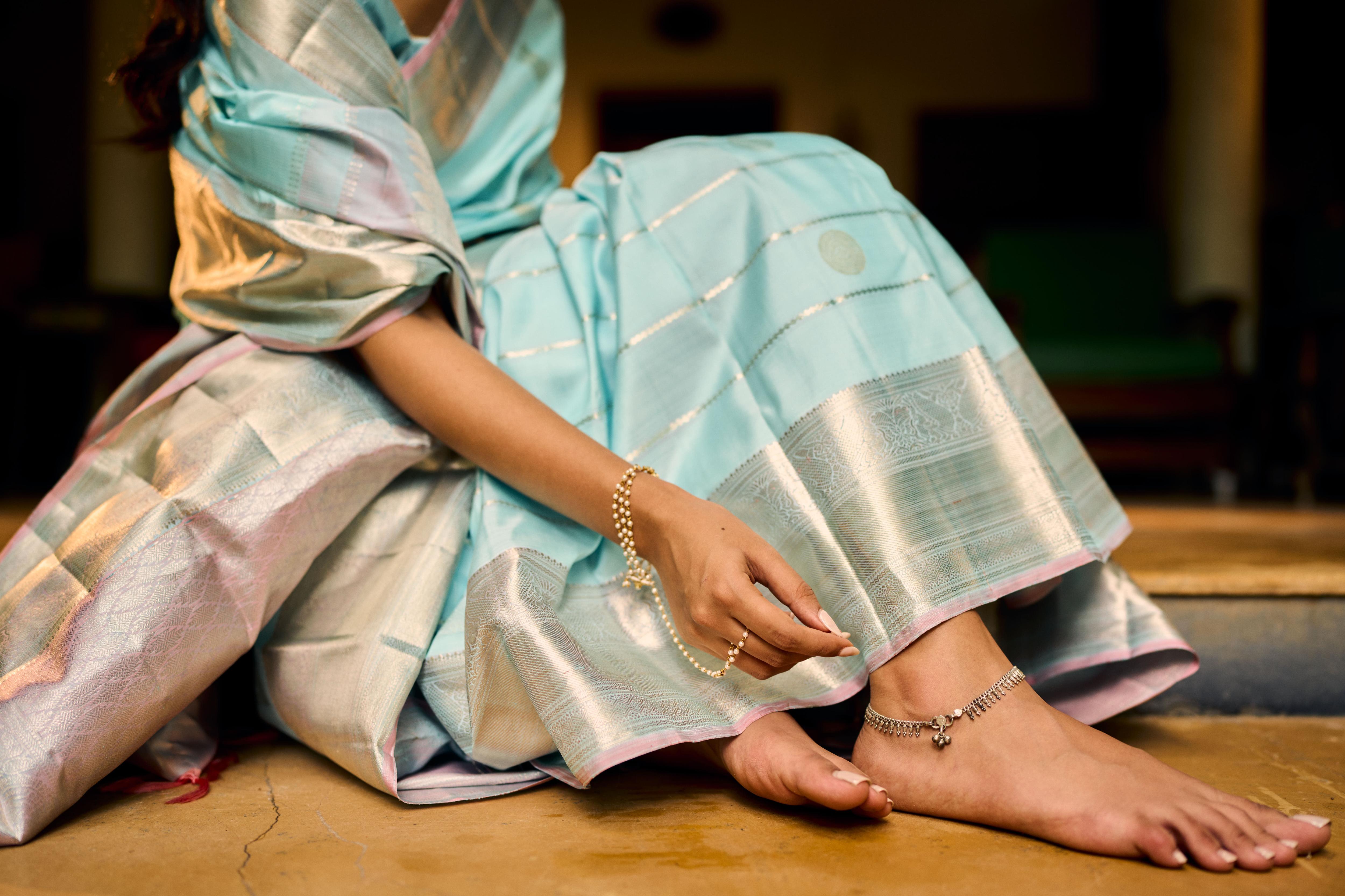 Ice Blue Pure Zari Pure Silk Pure Zari Kanjivaram Saree