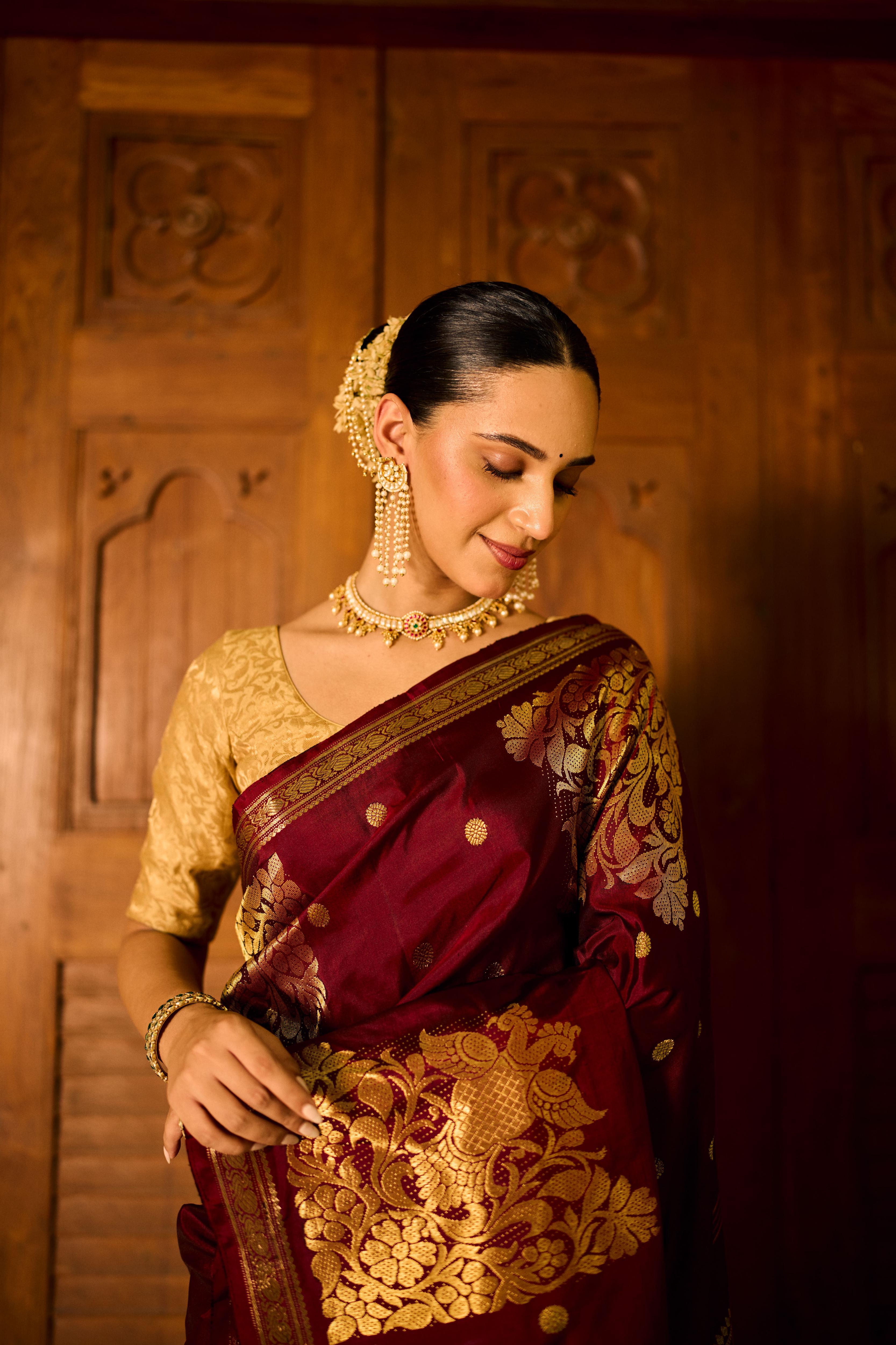 Maroon Red Pure Zari Pure Silk Kanjivaram Saree