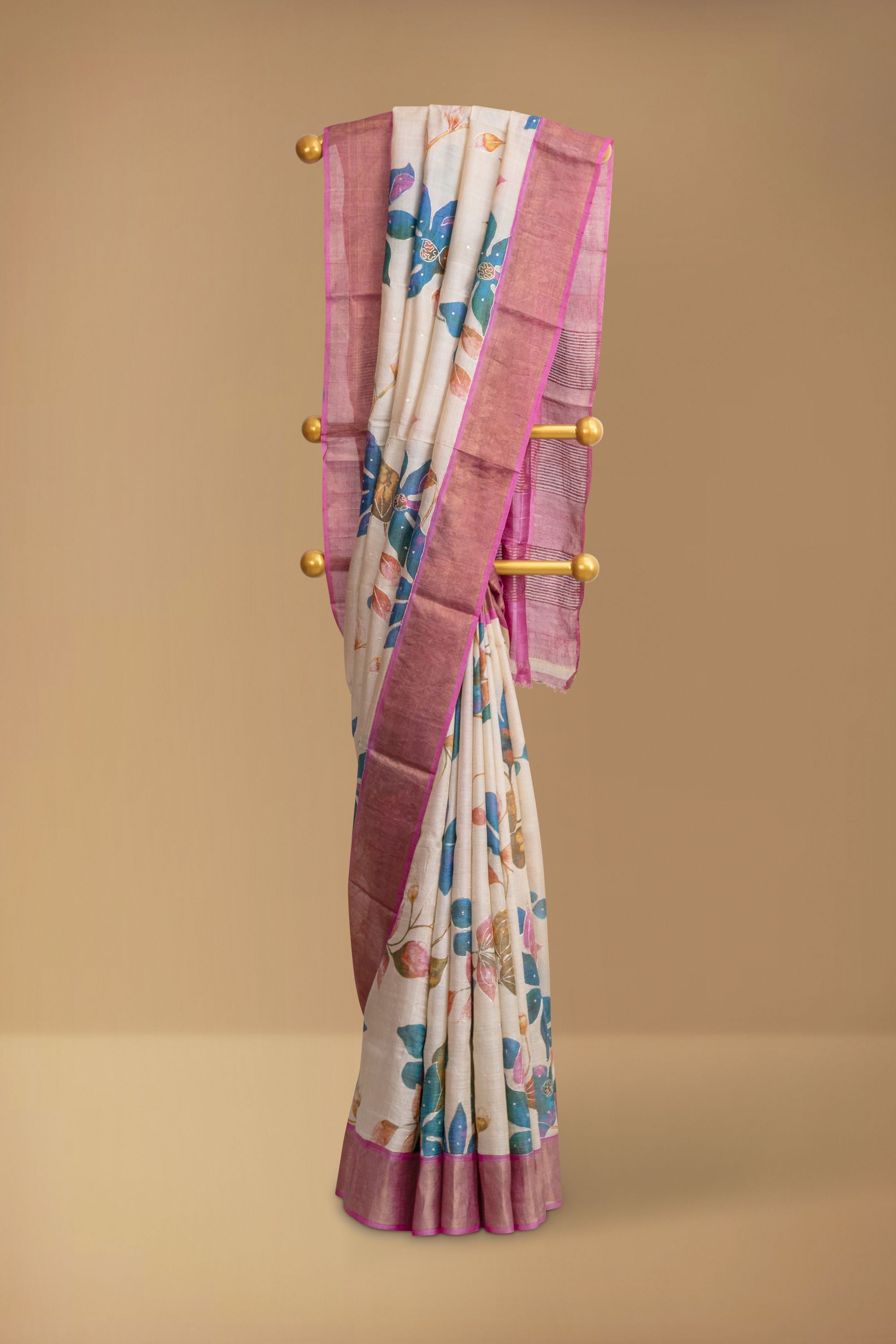 Handpainted Cream Tussar Silk Saree