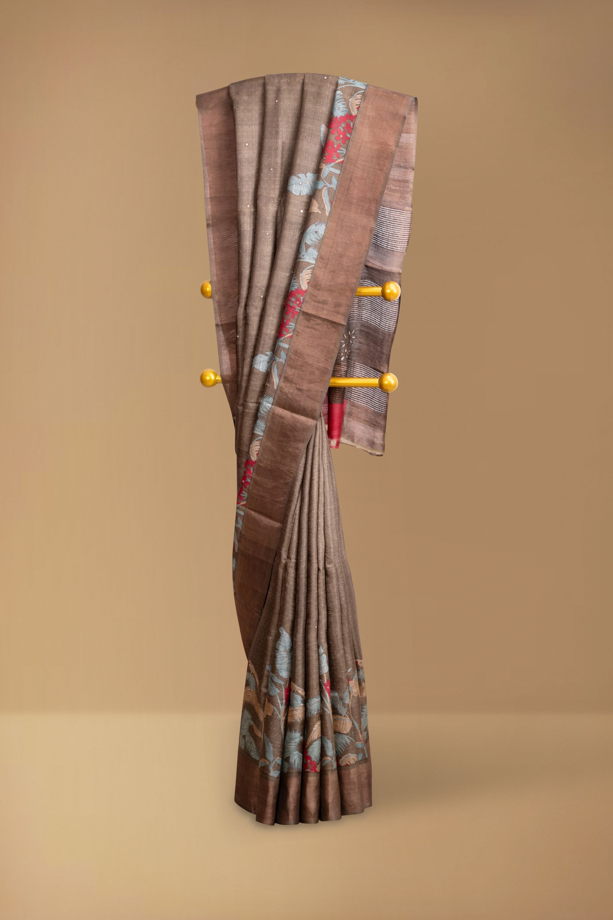 Printed Brown Tussar Silk Saree