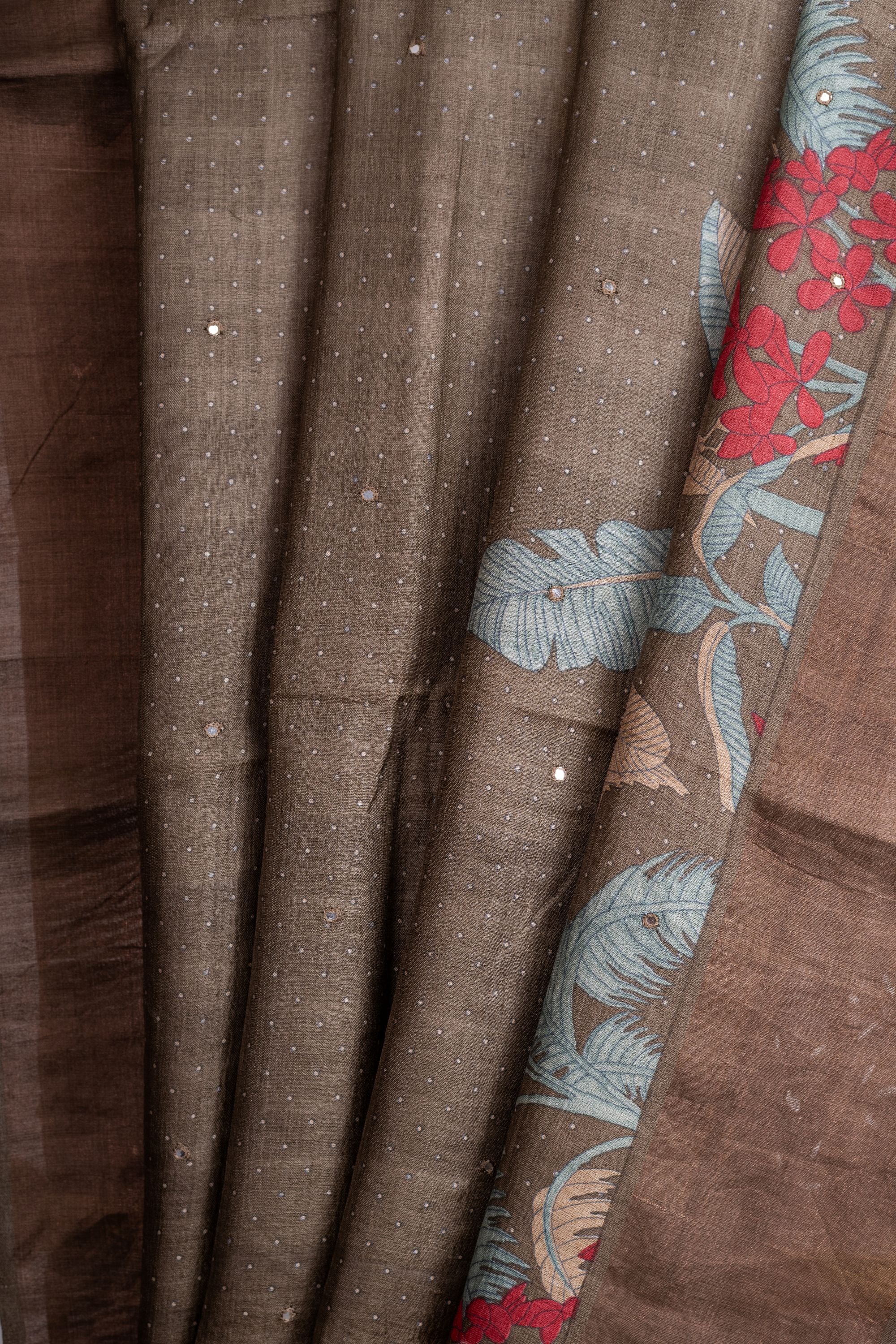 Printed Brown Tussar Silk Saree