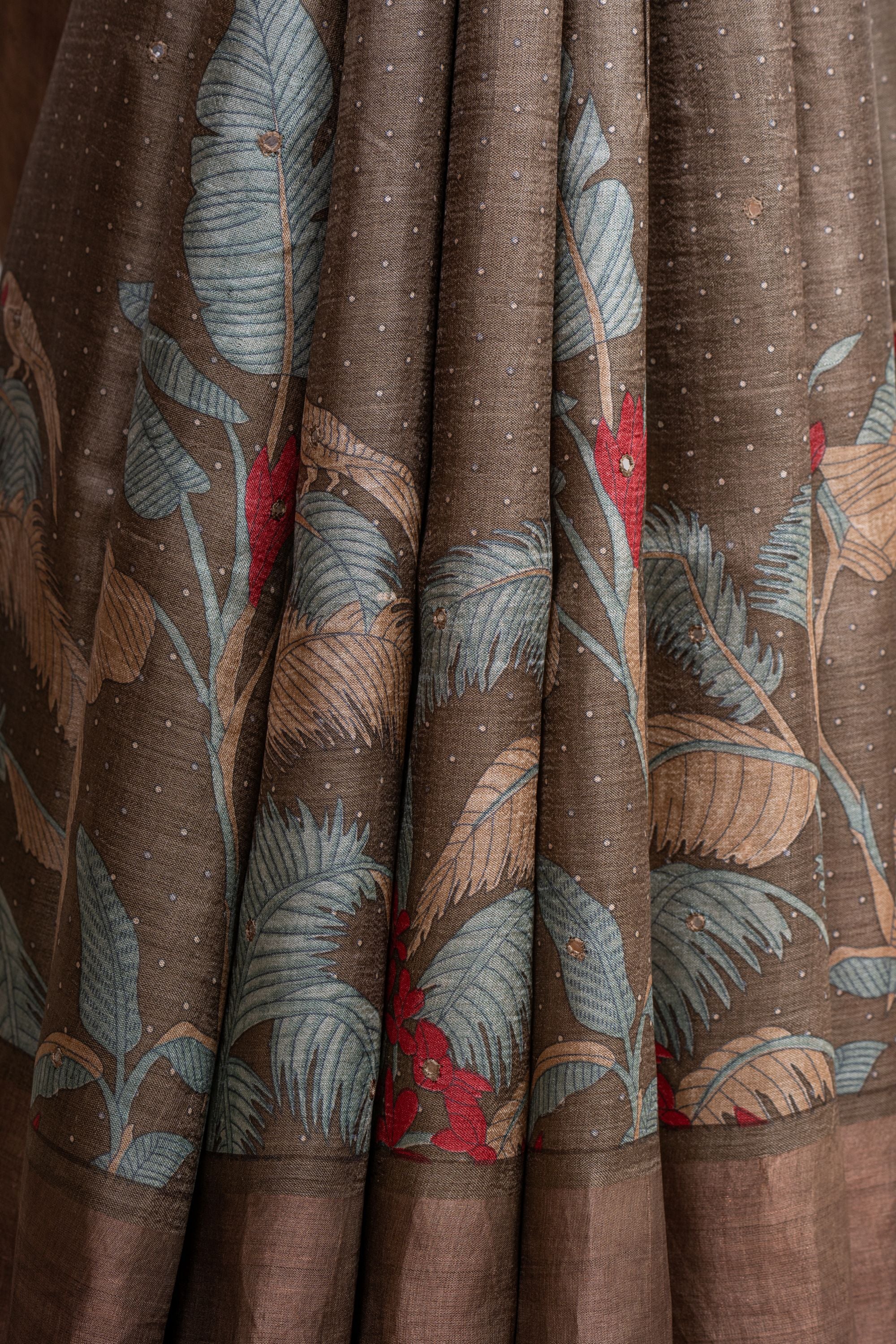 Printed Brown Tussar Silk Saree