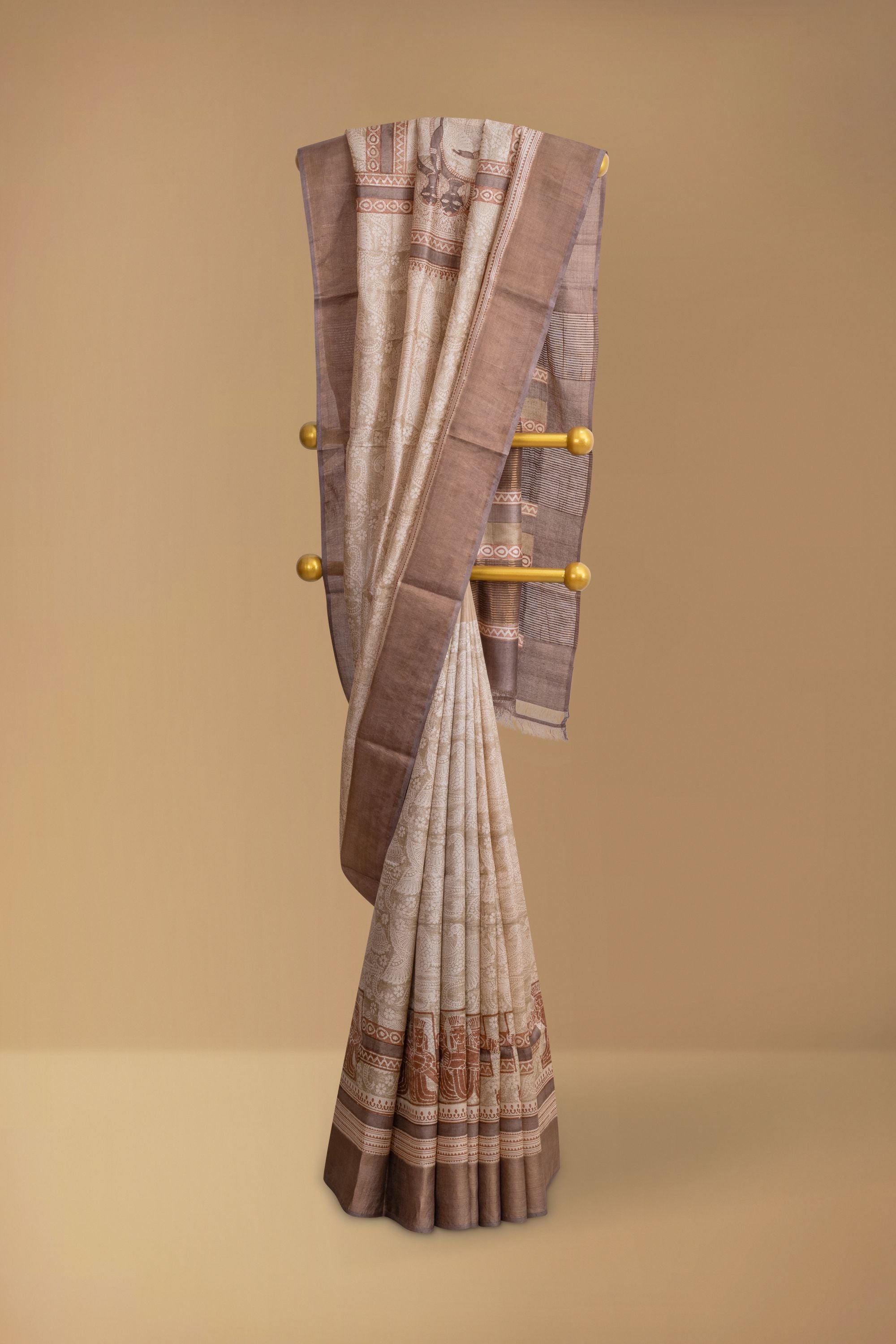 Block Printed Cream Tussar Silk Saree