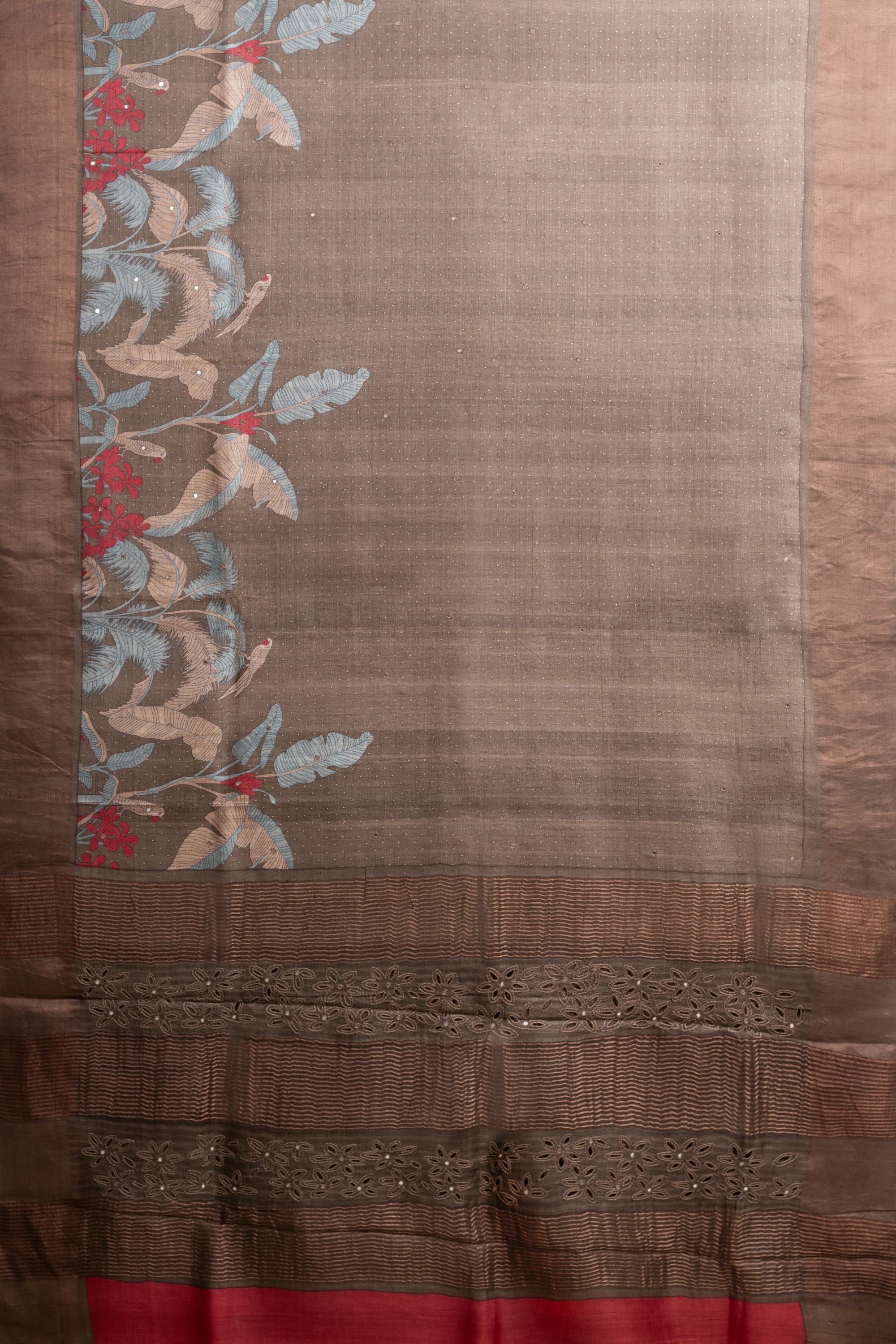 Printed Brown Tussar Silk Saree