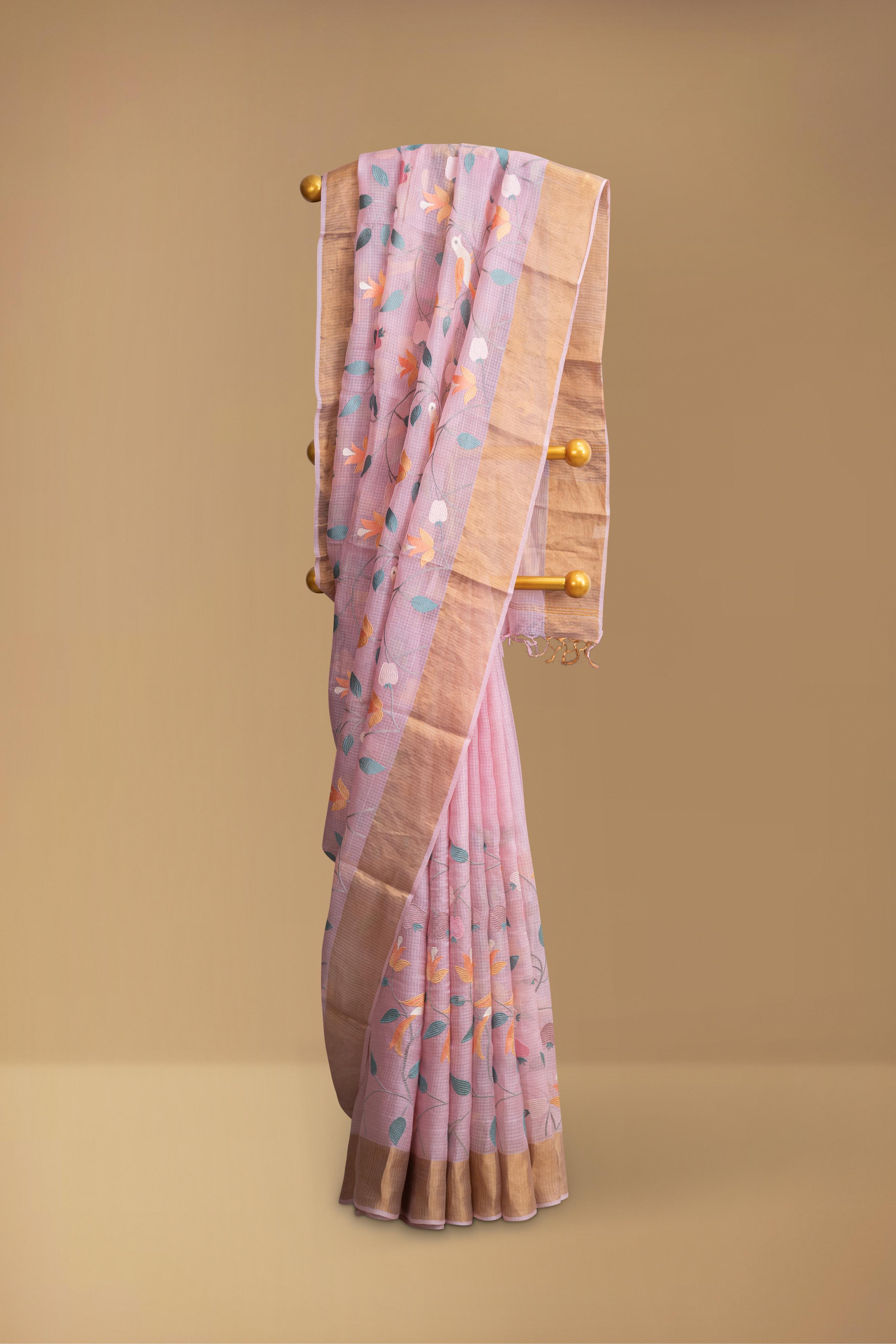 Embroidered Pink Kota Silk Saree