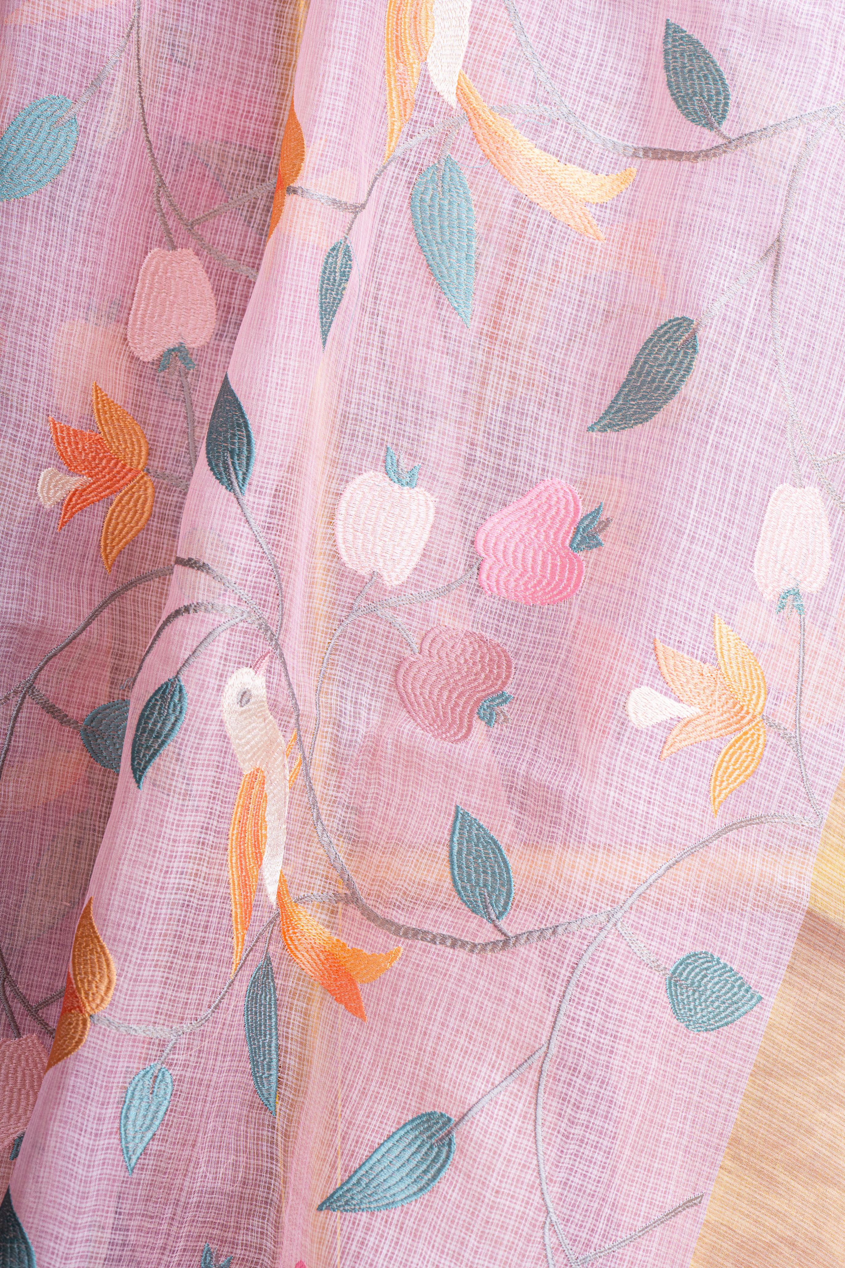 Embroidered Pink Kota Silk Saree